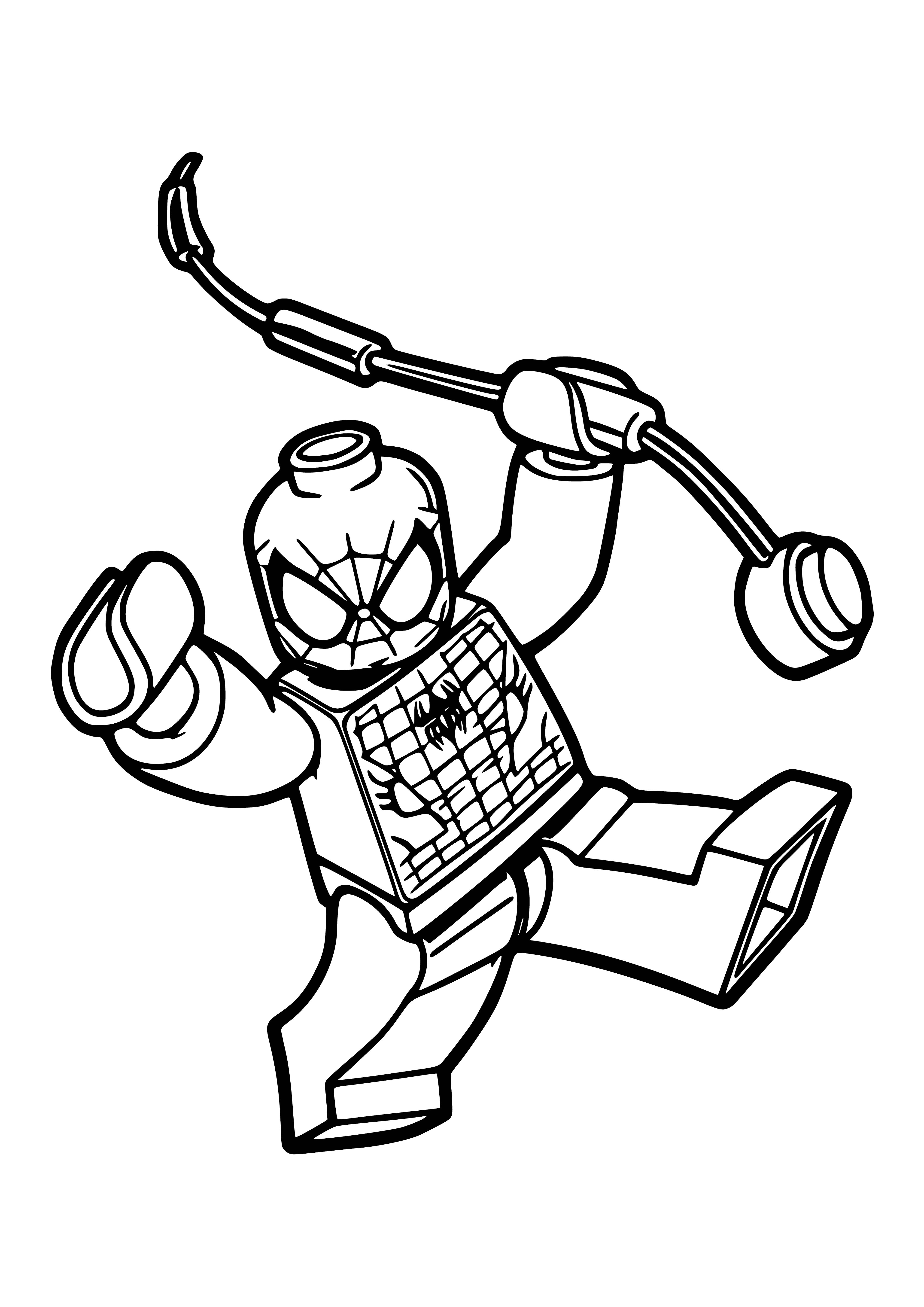 coloring page: Lego Spiderman in red and blue suit with black spider web design, black mask, and yellow brick in hand. #Lego #Spiderman