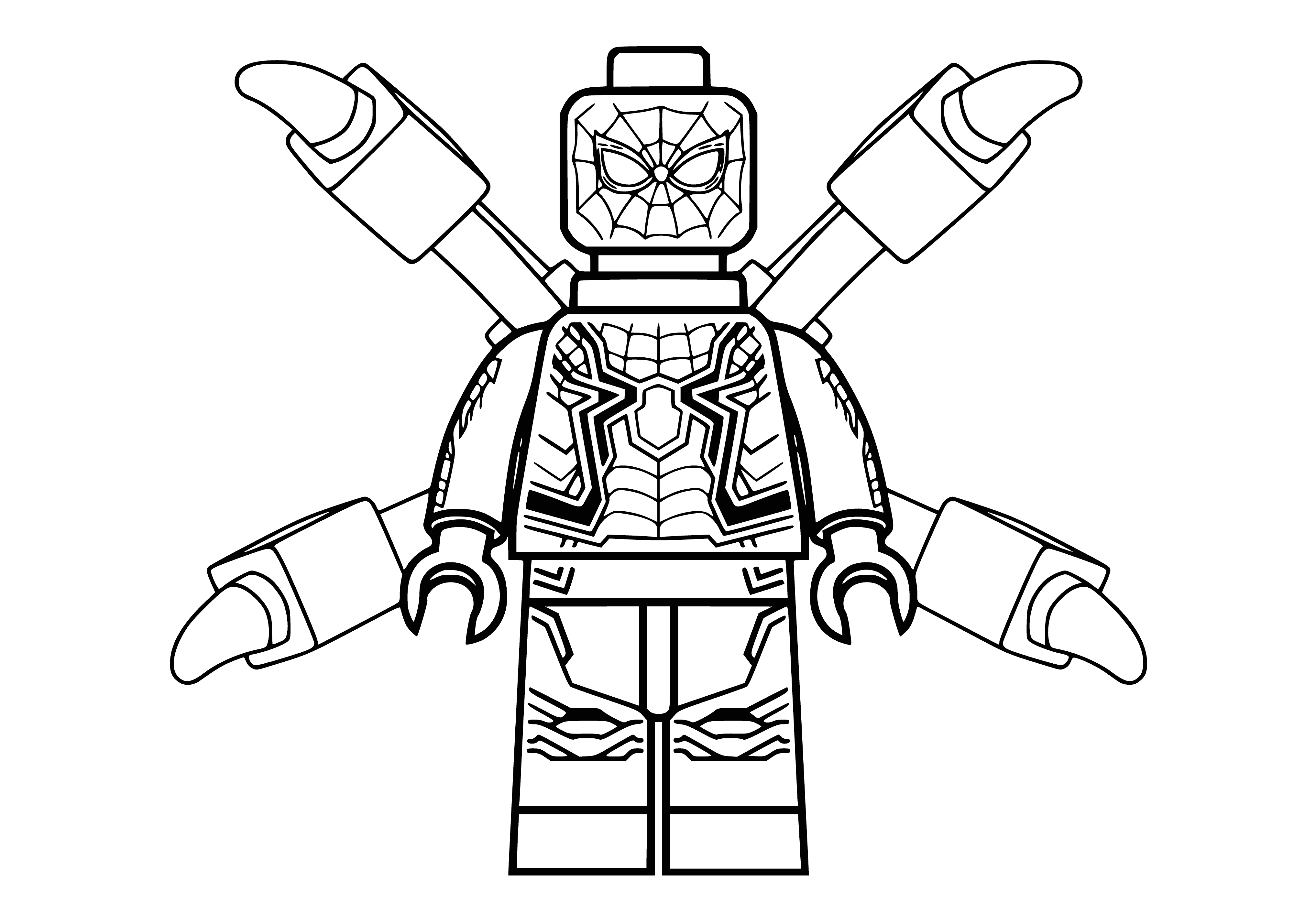 coloring page: Spiderman stands tall on building in red & blue suit, spider symbol on chest. Long thin arms & legs, red & blue webbing from wrists.