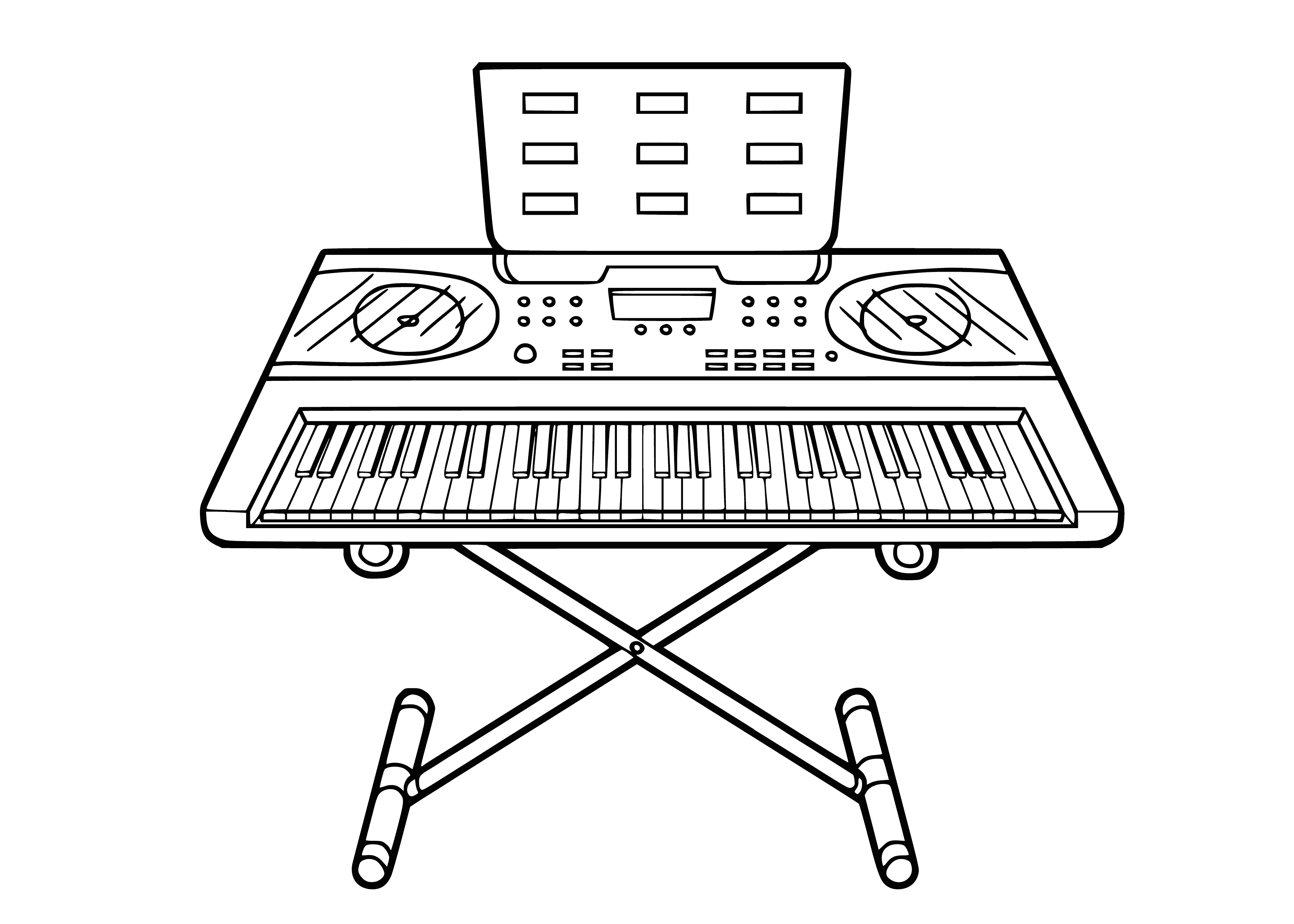 coloring page: Music synthesizer creates sound- can imitate other instruments or create new sounds- often used in electronic music.