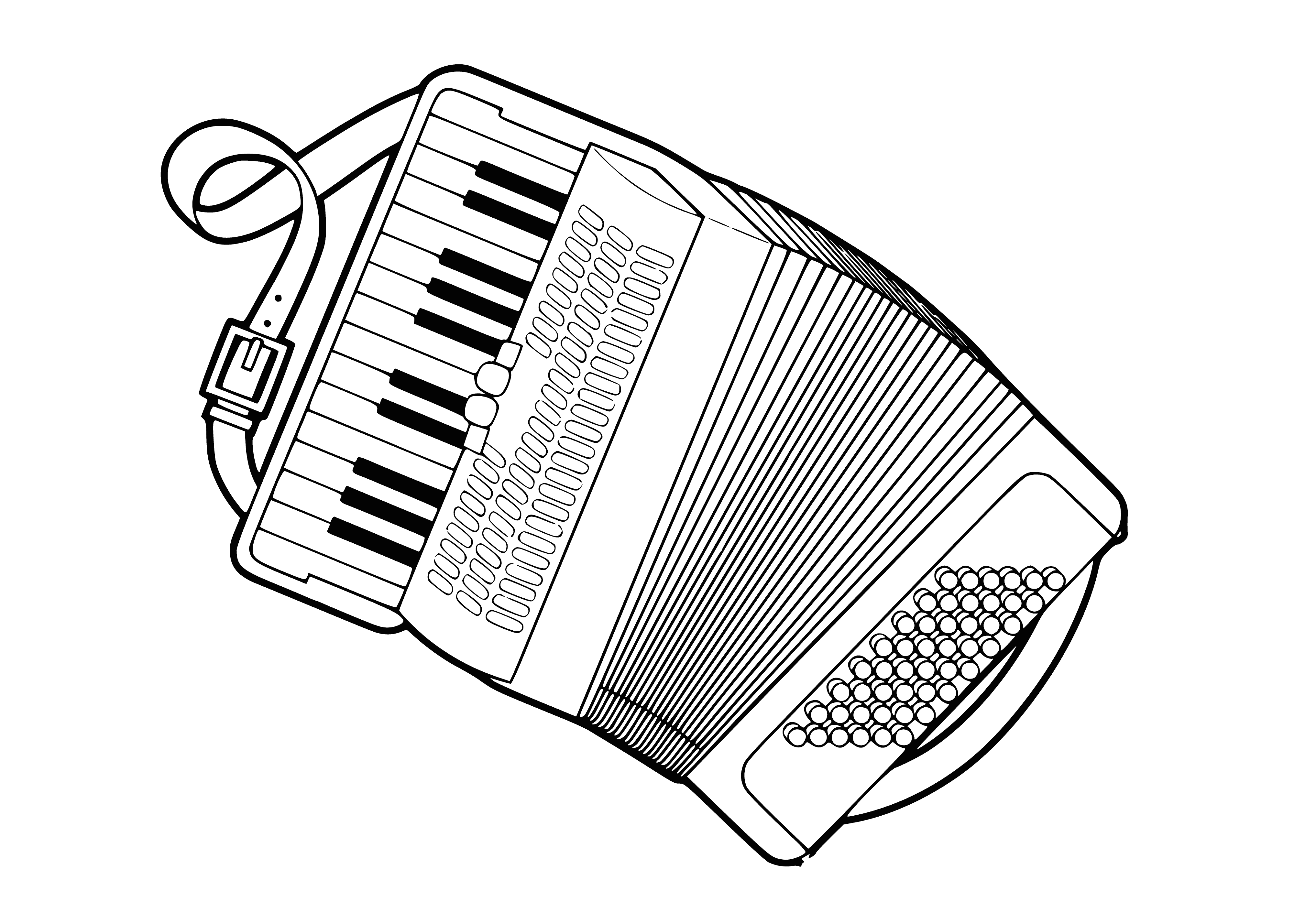 coloring page: A man playing an accordion in a park wearing a black hat & coat; the red & white accordion providing a colorful contrast.