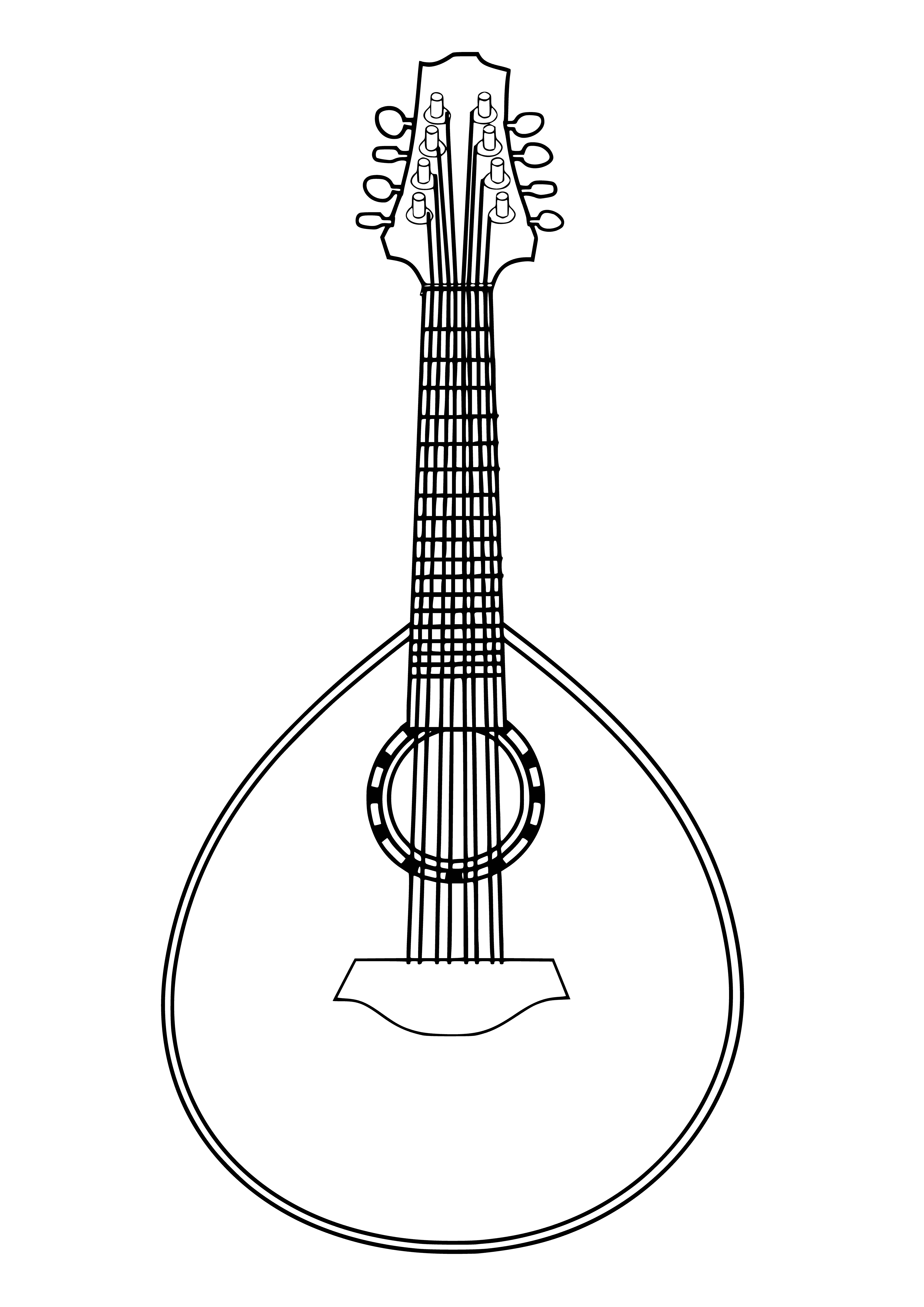 coloring page: The music - mandolin is a string instrument with a fretted neck and a teardrop-shaped body. It's used in many genres, including bluegrass, folk, and classical, and plucked with the right hand while the left adjusts pitch.