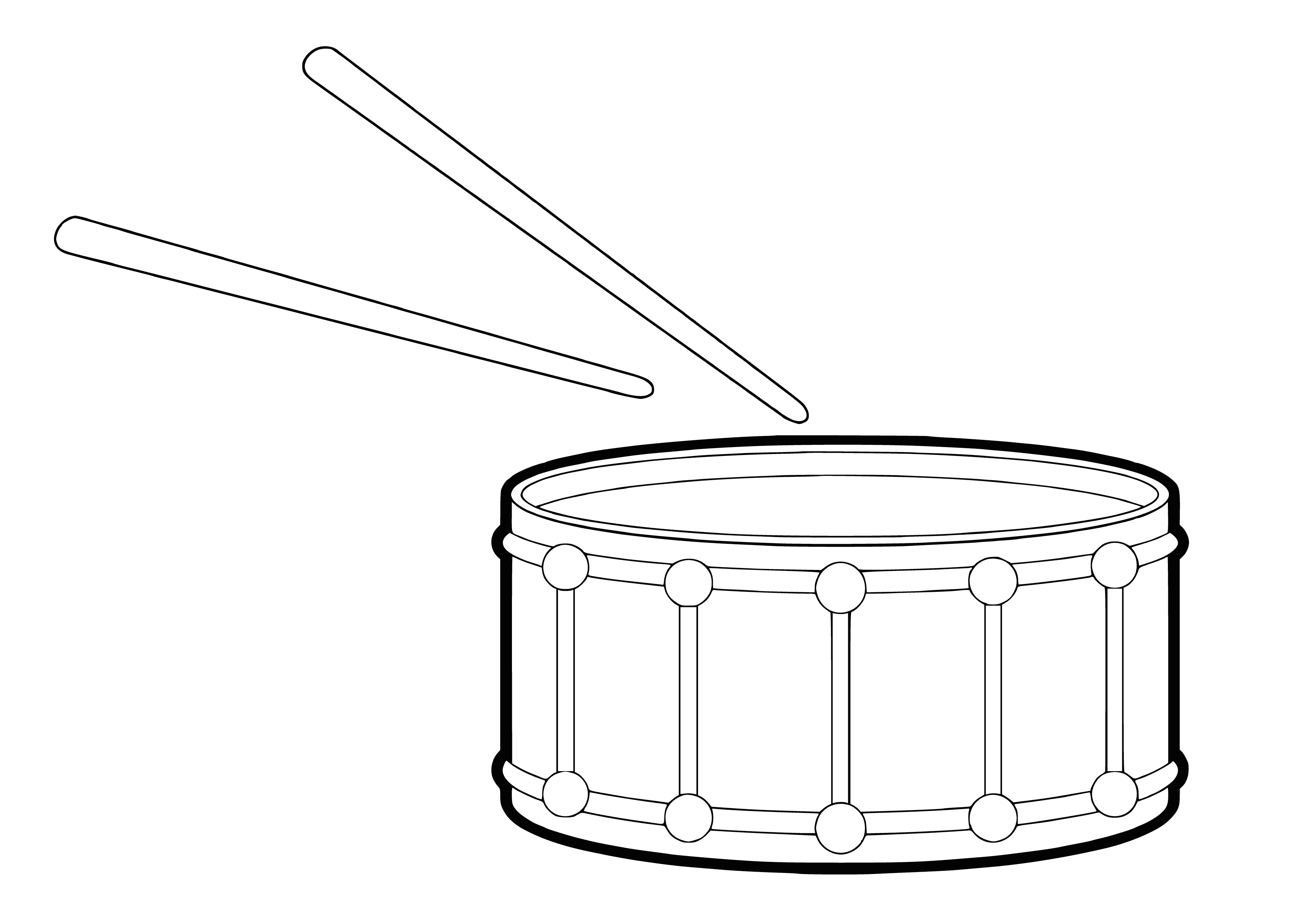 coloring page: Coloring page shows drums with sound waves emanating from them; 3 drums of different sizes and one cymbal in center. All striped in different colors.