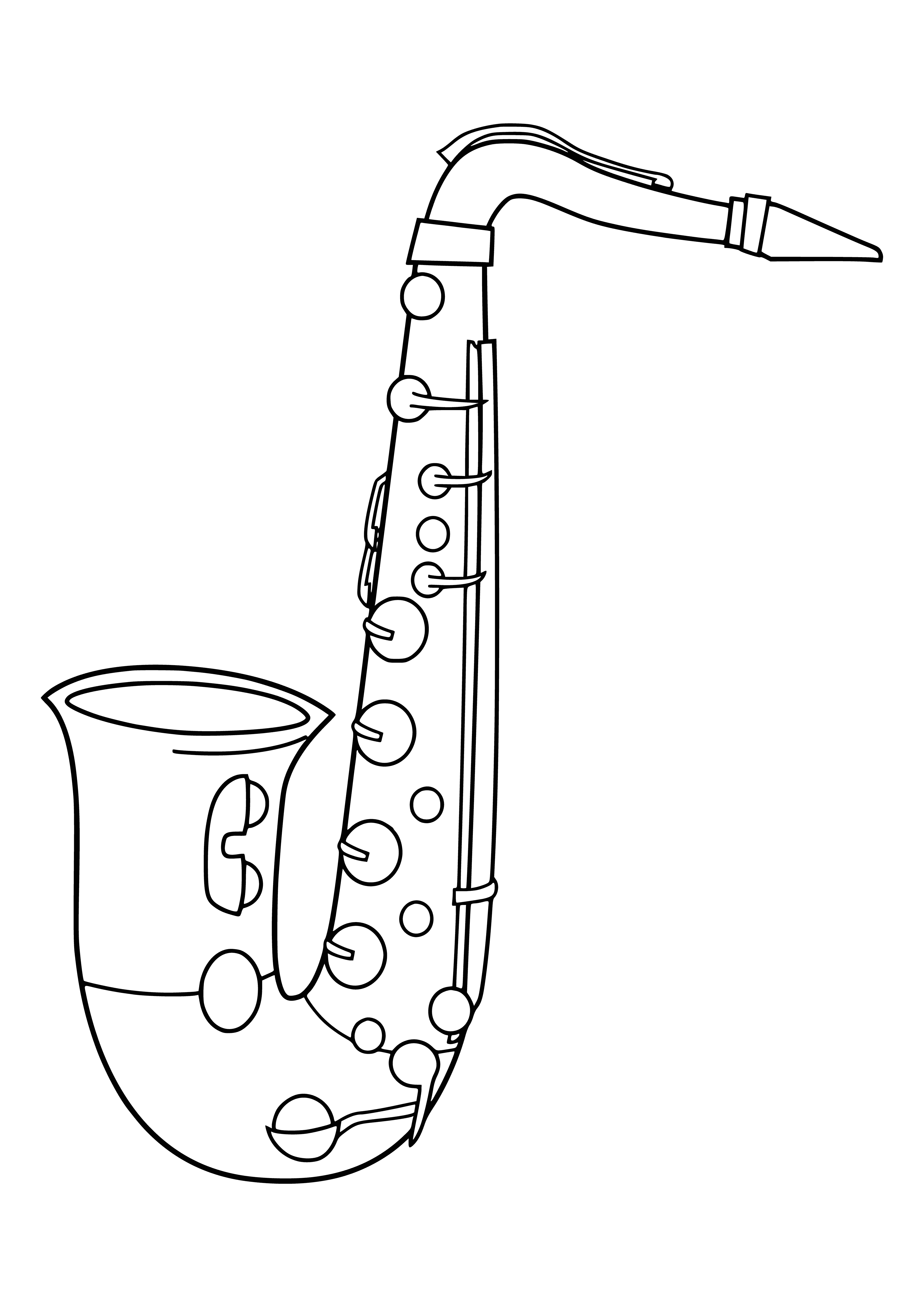 coloring page: Saxophone is a brass wind instrument in the woodwind family. Creates sound by blowing into mouthpiece & pressing keys.
