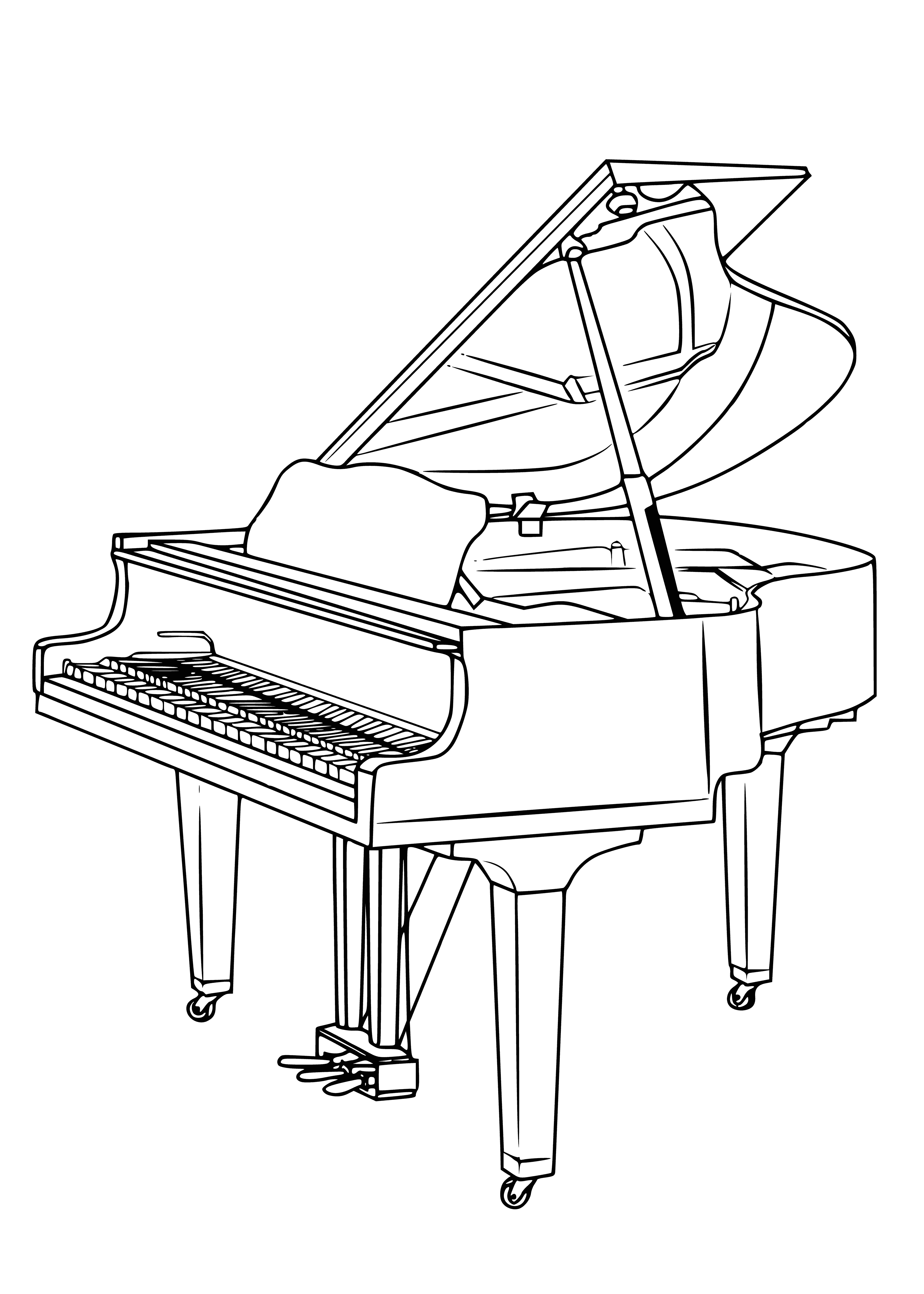coloring page: 140 characters: Person seated at grand piano in dimly lit room, hands on keys, head slightly back, lost in musical reverie.