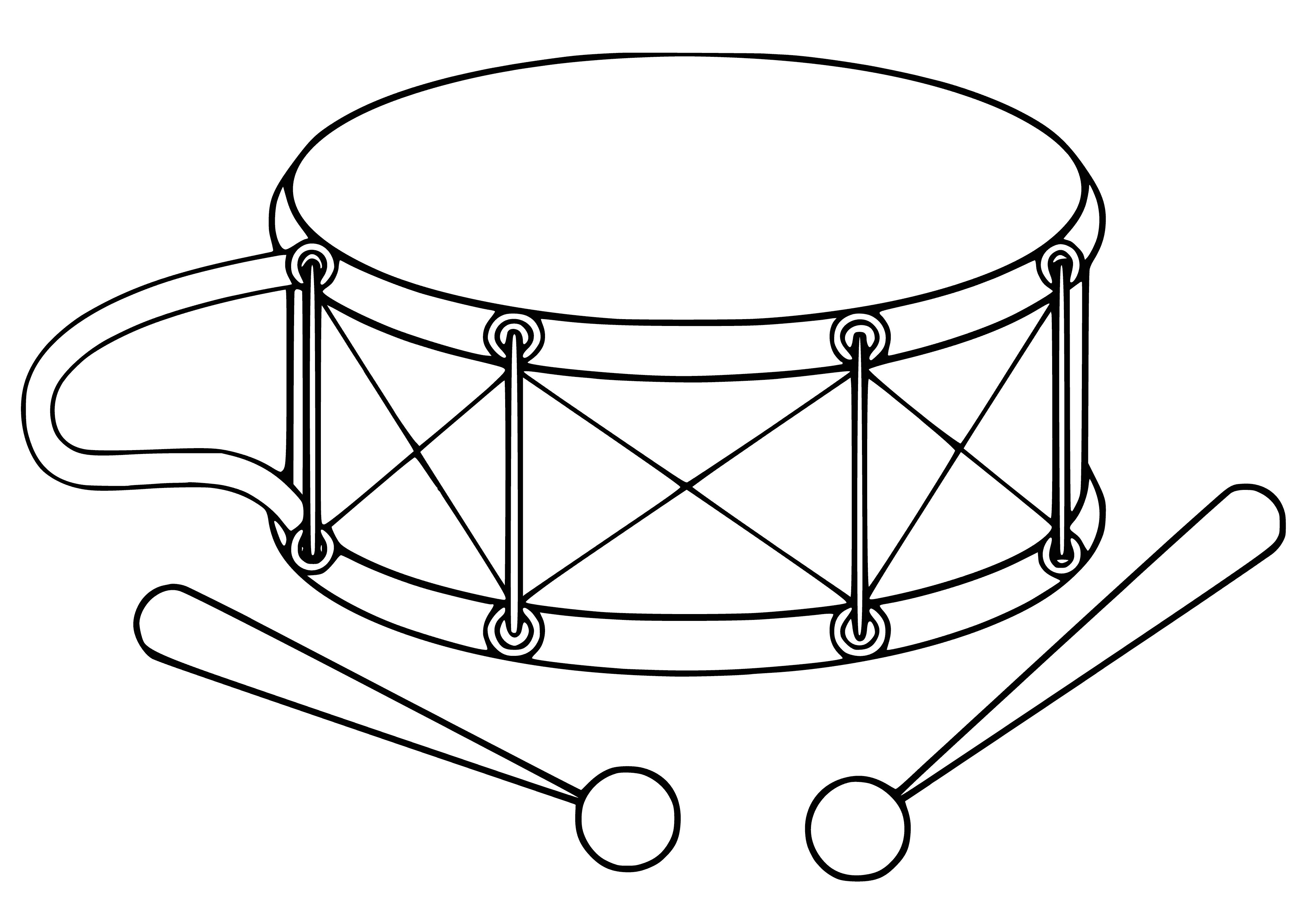 coloring page: Drum in middle of coloring page, cylindrical shape with curved top. Brown with black stripe and white circle in middle; two drumsticks across top.