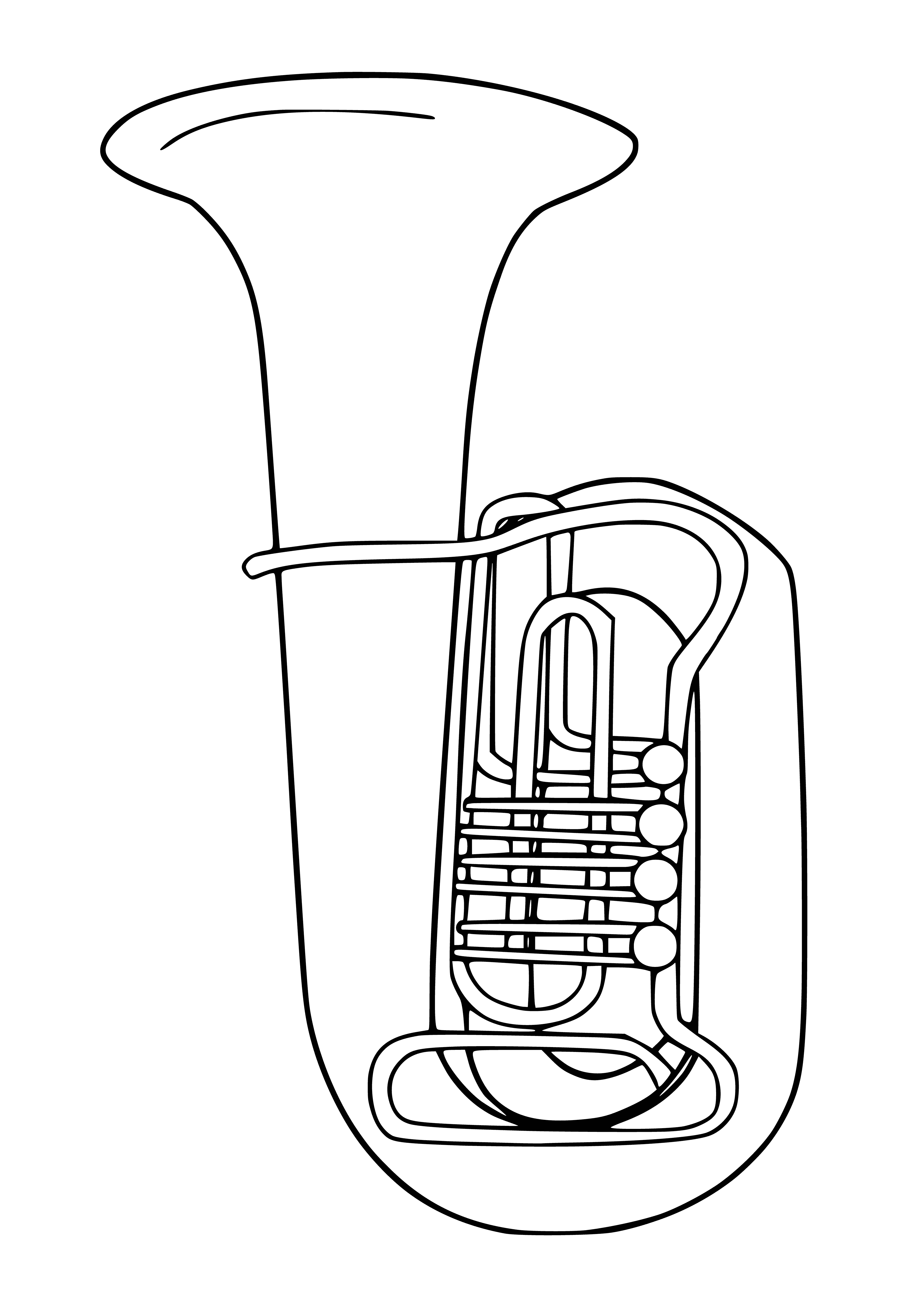 coloring page: A tuba is a deep, rich-sounding, large brass instrument used in orchestras & marching bands. Has long coiled tubing & valves to control pitch.