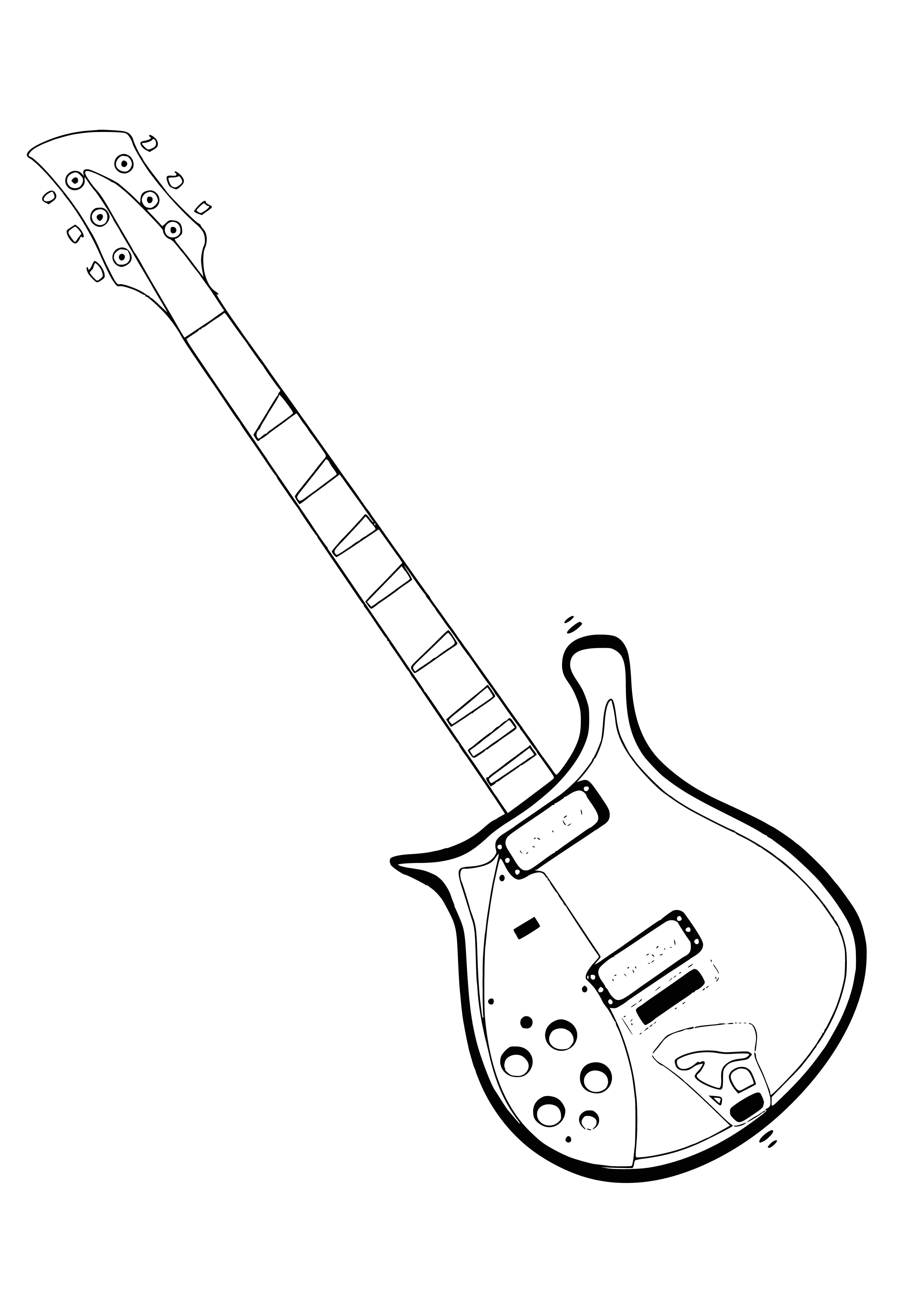 coloring page: Coloring page of acoustic guitar on stand: light brown body, dark brown strings, white pickguard, six tuning pegs, on black stand. #coloring