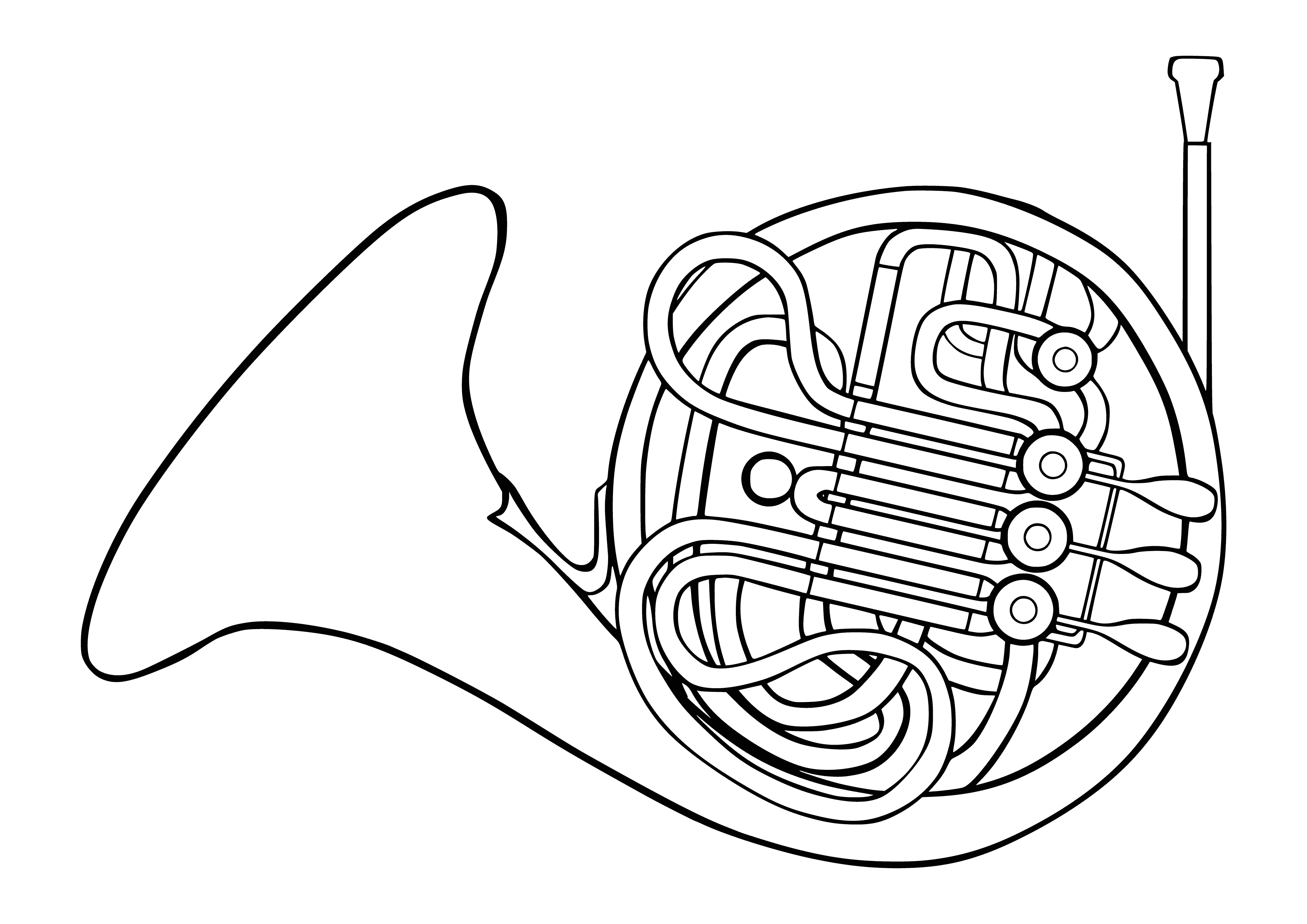 coloring page: Fun coloring page with a gold & black French horn on stand; mouthpiece adds detail! #coloring #orchestra