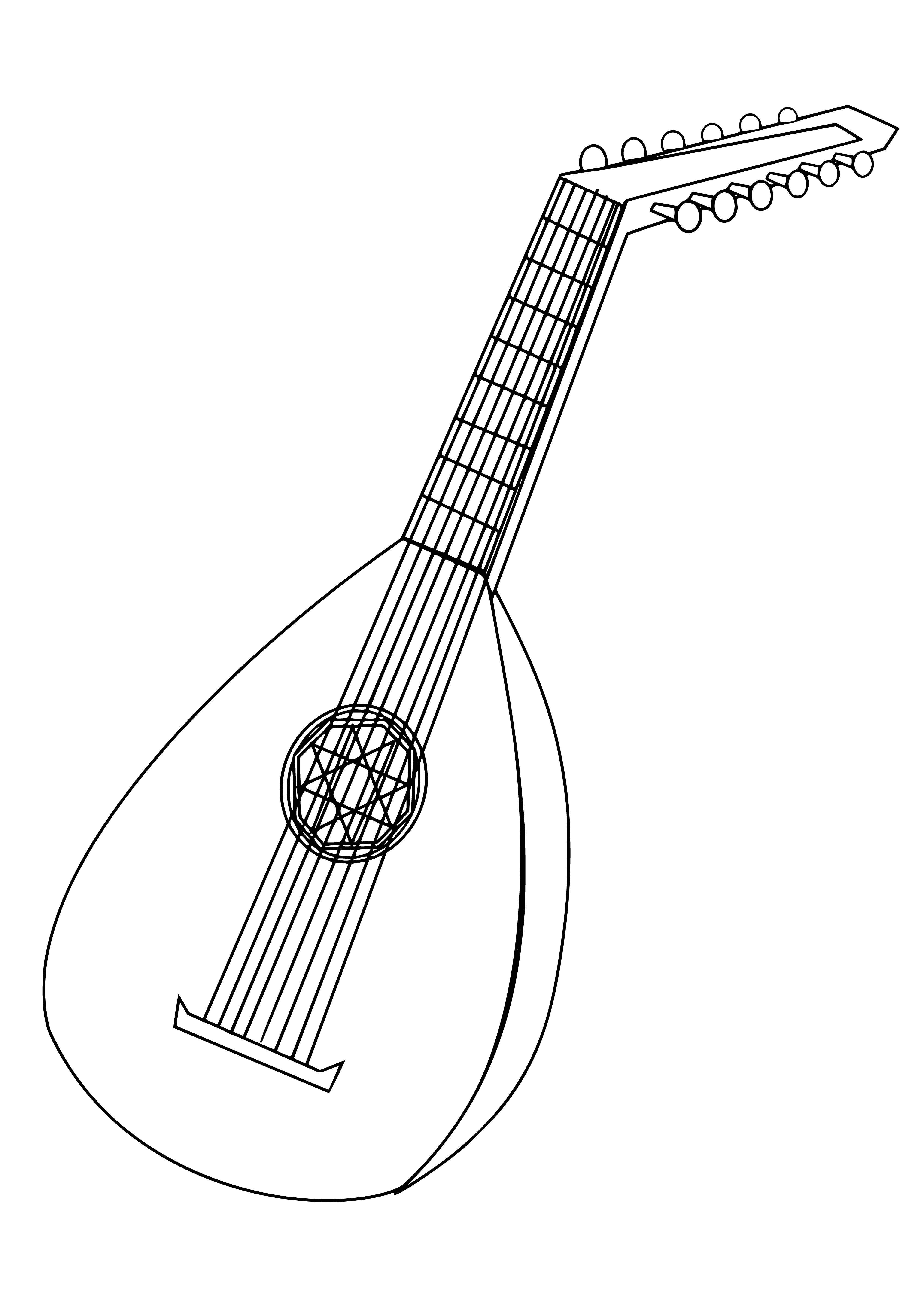 coloring page: Man plays string instrument on lap, plucking with right hand and holding object in left. Wears robe and hat.