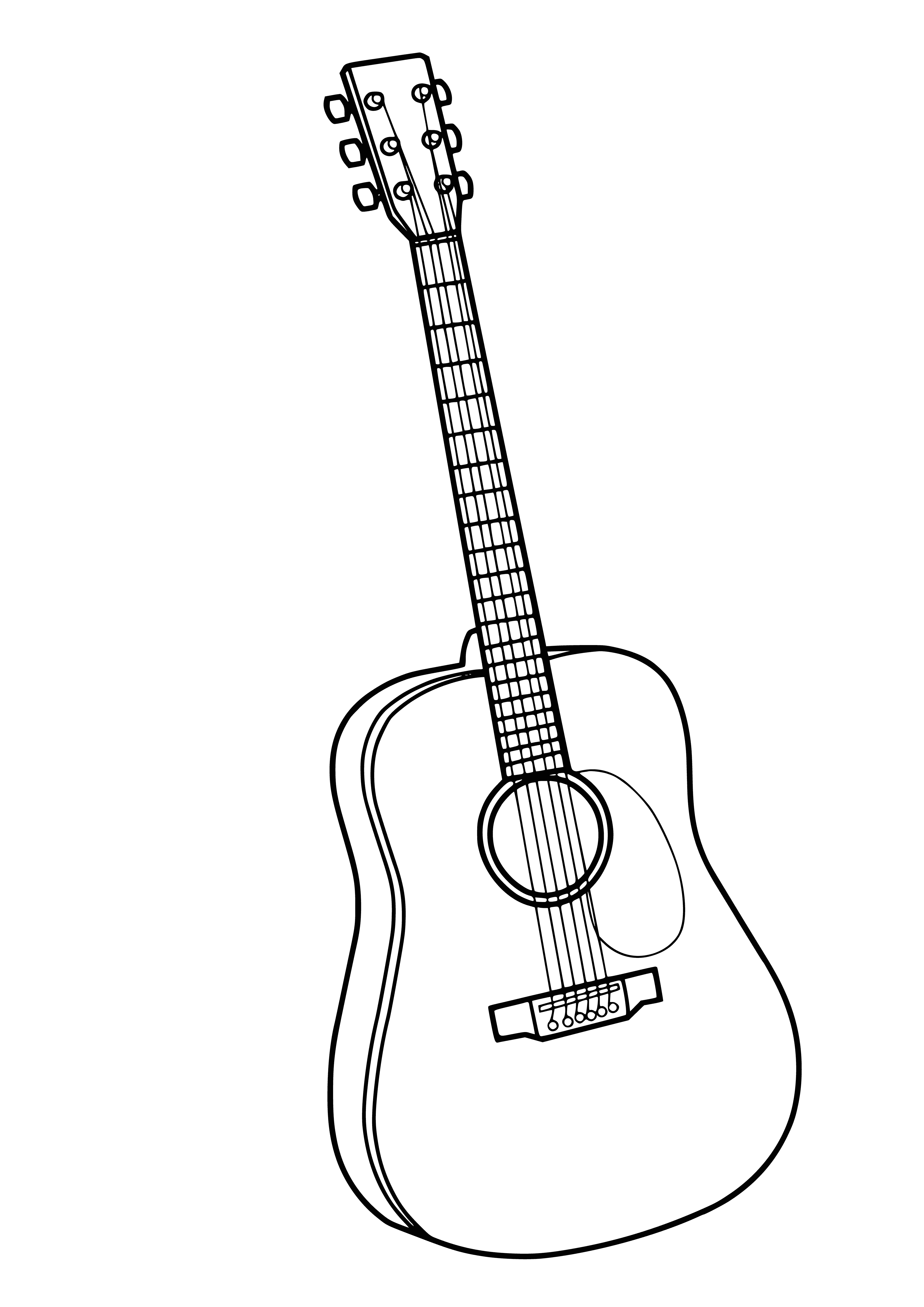 coloring page: Man playing guitar on a stool, with large beard, brown hat, blue shirt, and guitar pick in right hand. #musician