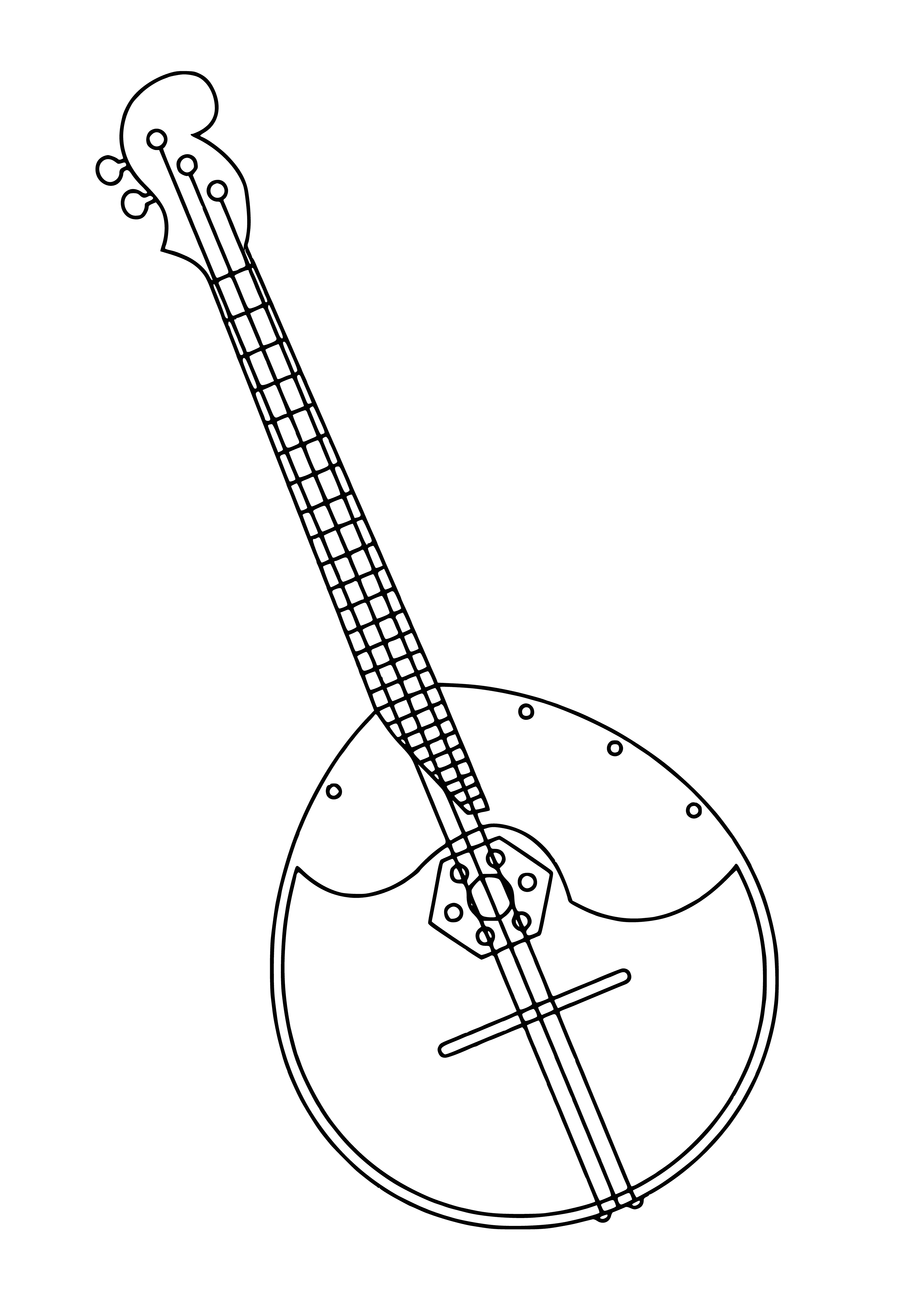 coloring page: Woman playing Russian domra, a traditional round body string instrument. She's wearing traditional dress & plucking strings with right hand.
