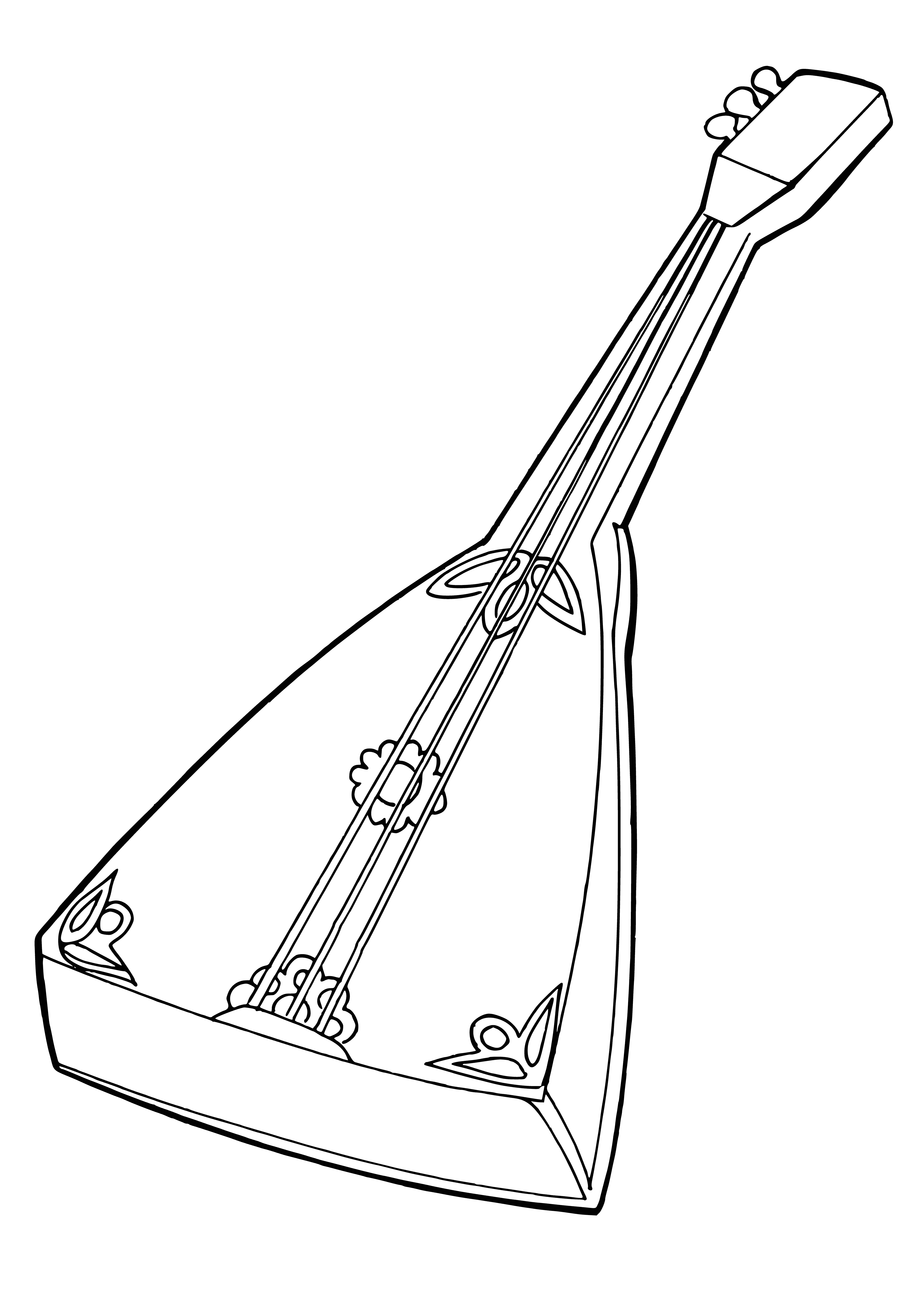 coloring page: A Balalaika, a traditional Russian instrument with a triangle body and three strings, is propped up against a tree in the middle of a field with mountains in the distance. #musicalinstrument