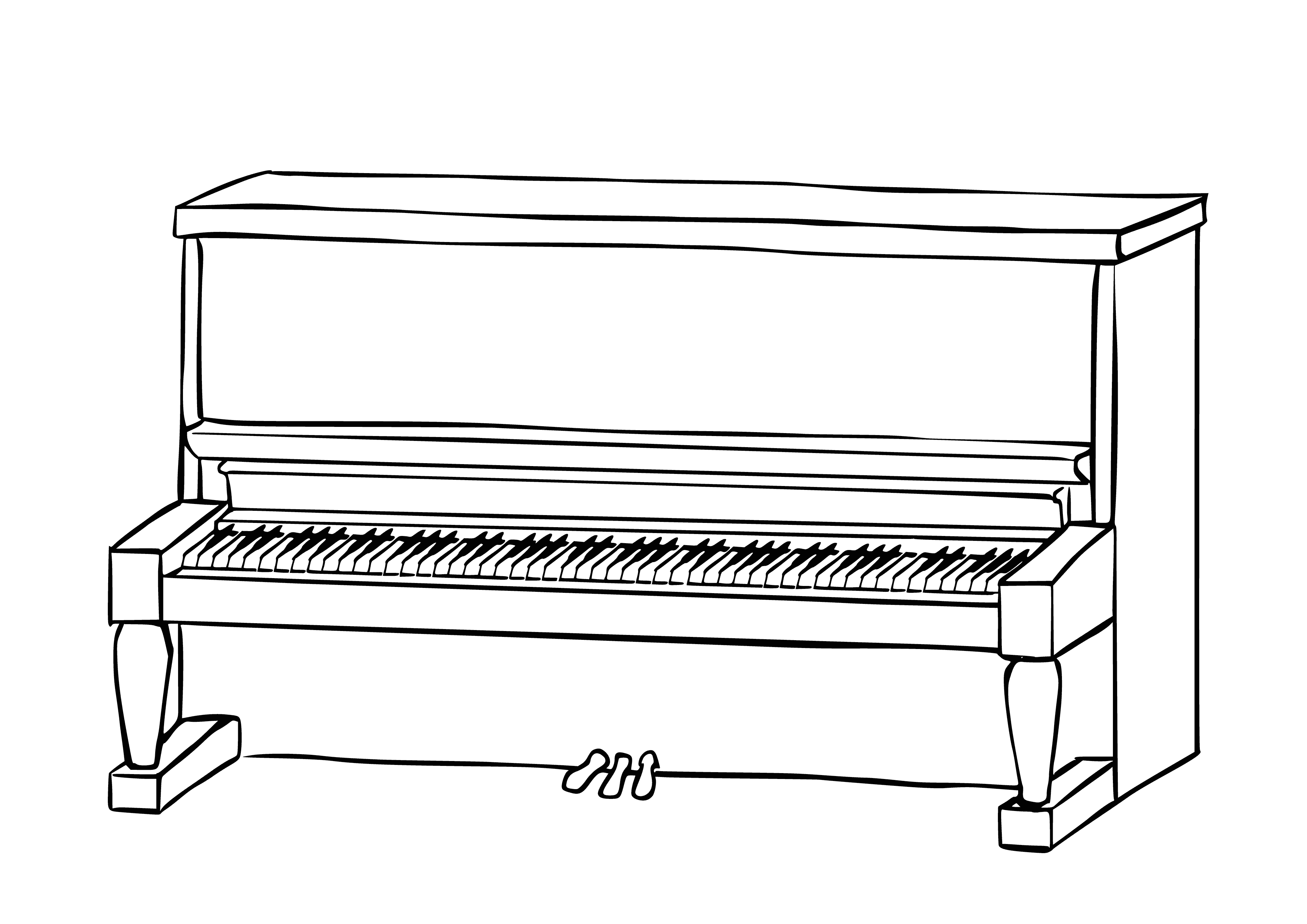 coloring page: Playing piano produces a wide range of sounds, from soft and quiet to loud & powerful; operated by pressing key-sized levers with the fingers.
