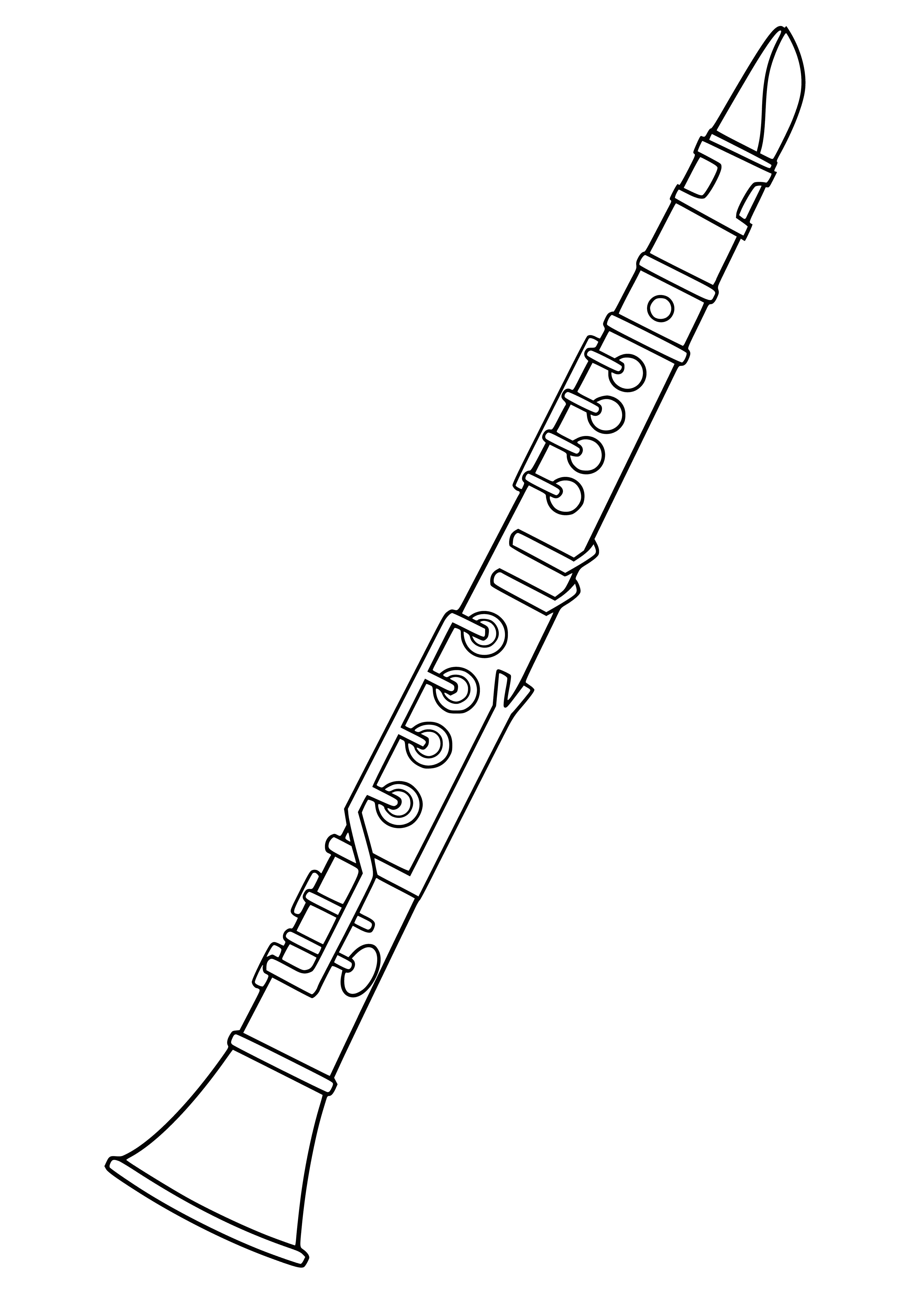 coloring page: Clarinet is a woodwind instrument with a range of 3.5 octaves, common in jazz, classical, & wind ensembles. Has a cylindrical body with a flared bell.