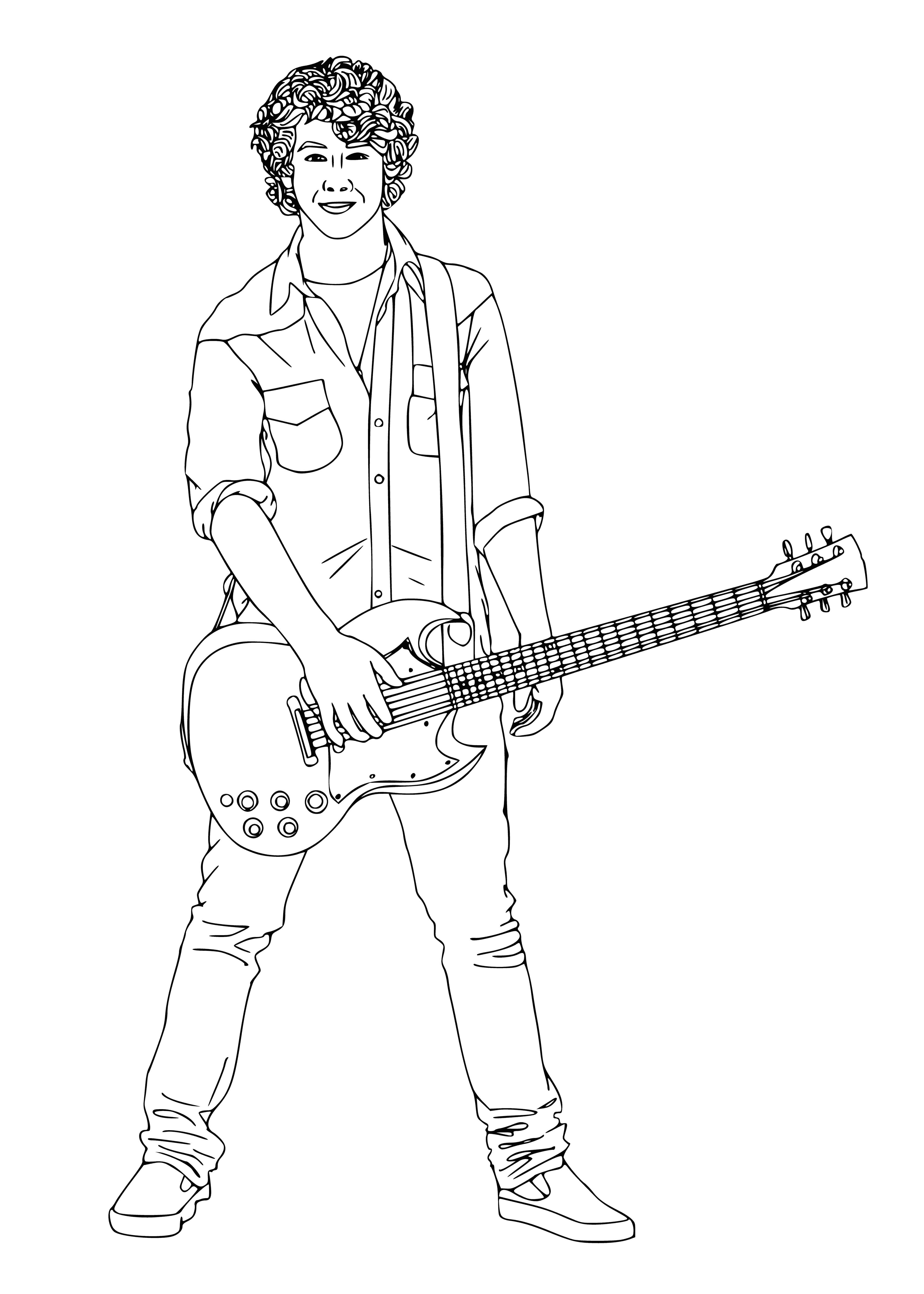 coloring page: Person playing electric guitar in black shirt, long hair, strap around neck to hold while standing.