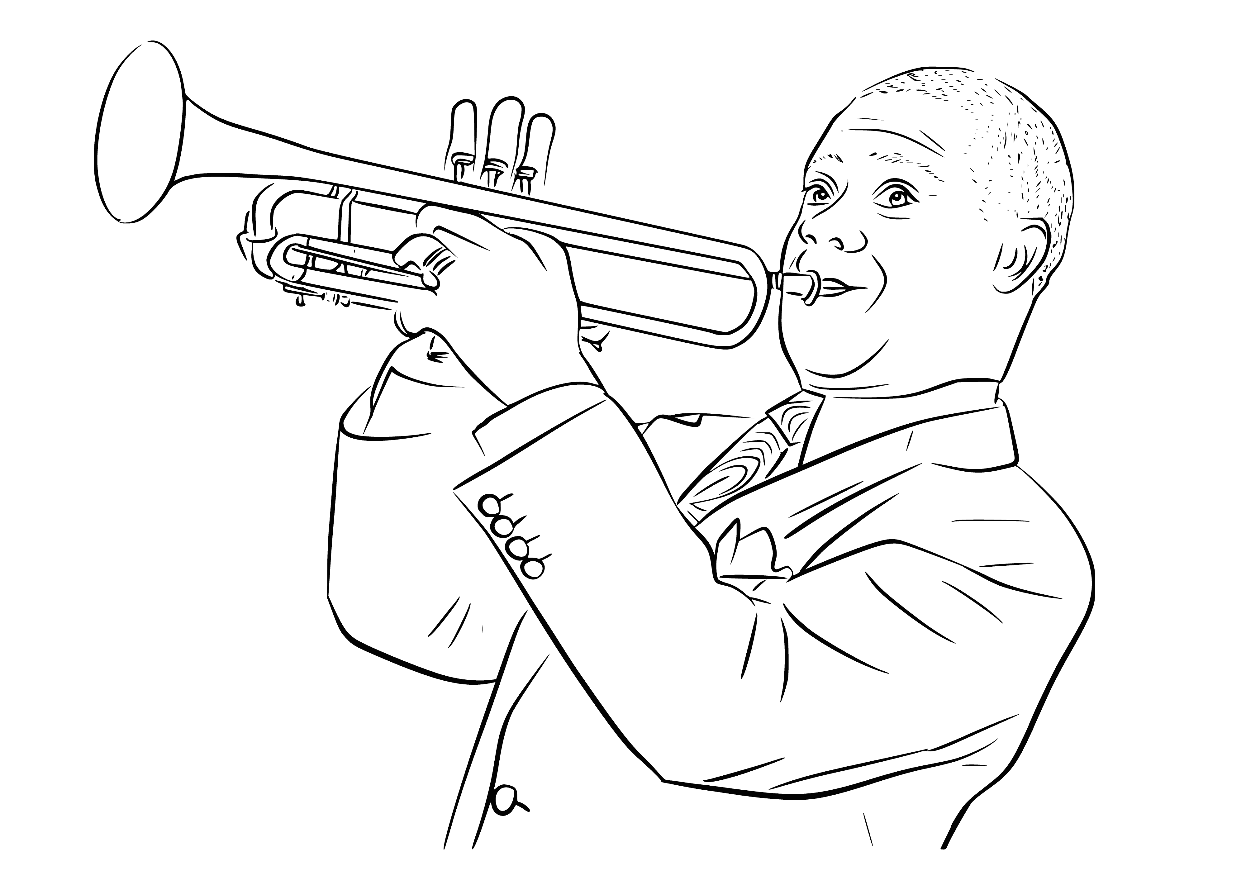 coloring page: Man playing trumpet with mustache and polka dot tie.