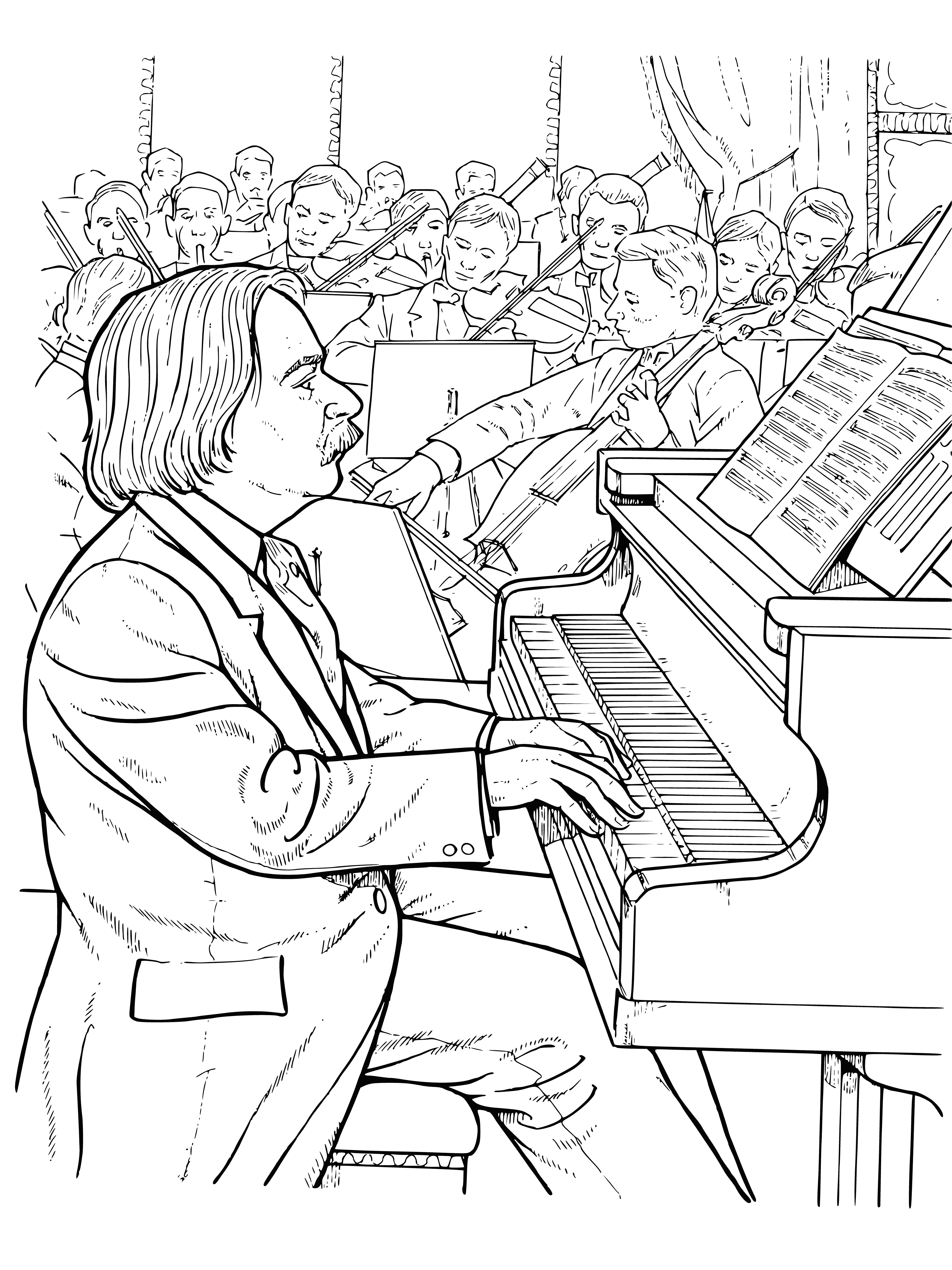 coloring page: Young pianist in white dress playing seriously in large room - concentrating on playing.