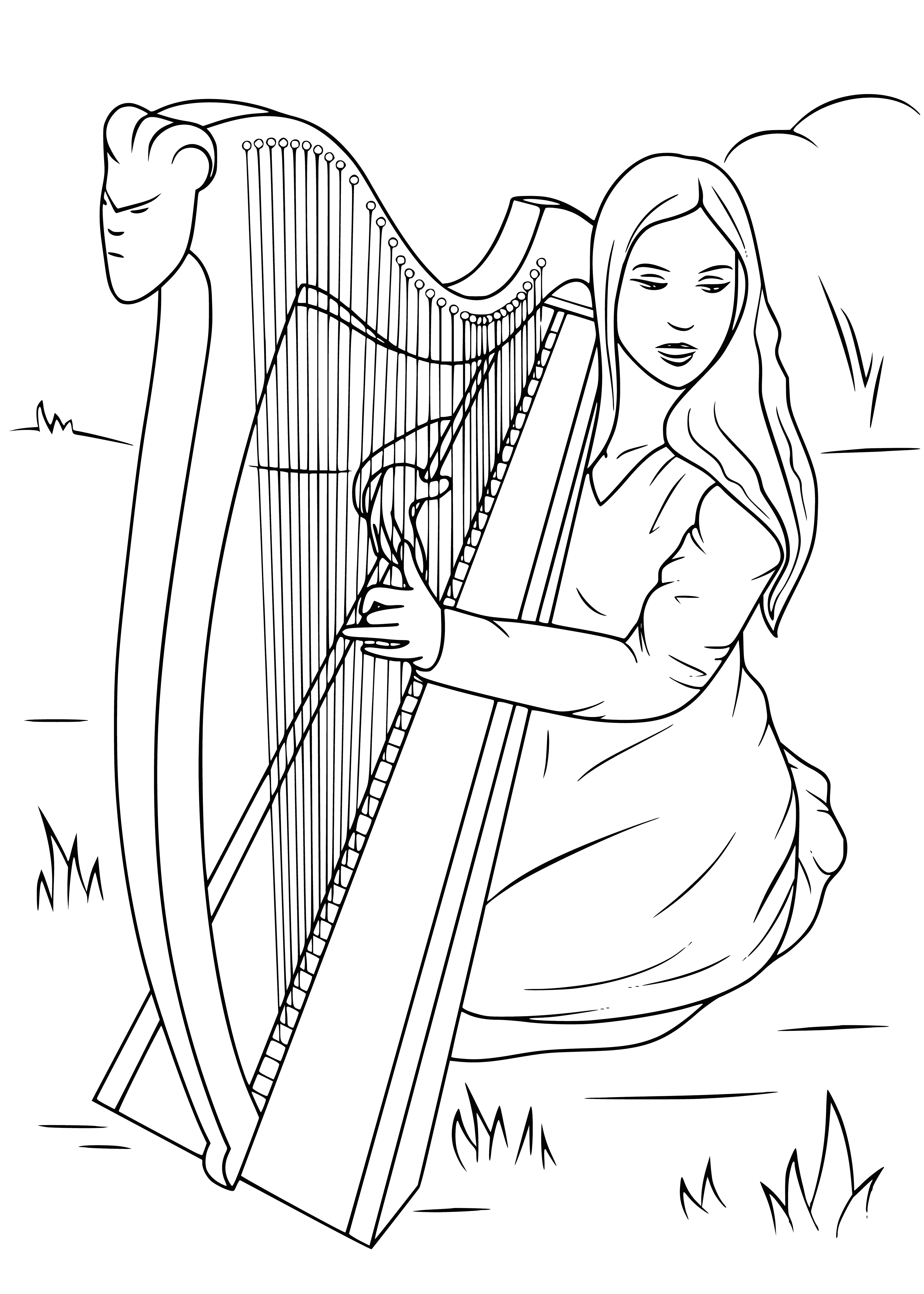coloring page: A girl plays a harp with eyes closed, a peaceful expression, wearing a white dress and blue sash, her long curly hair cascading over her shoulders.
