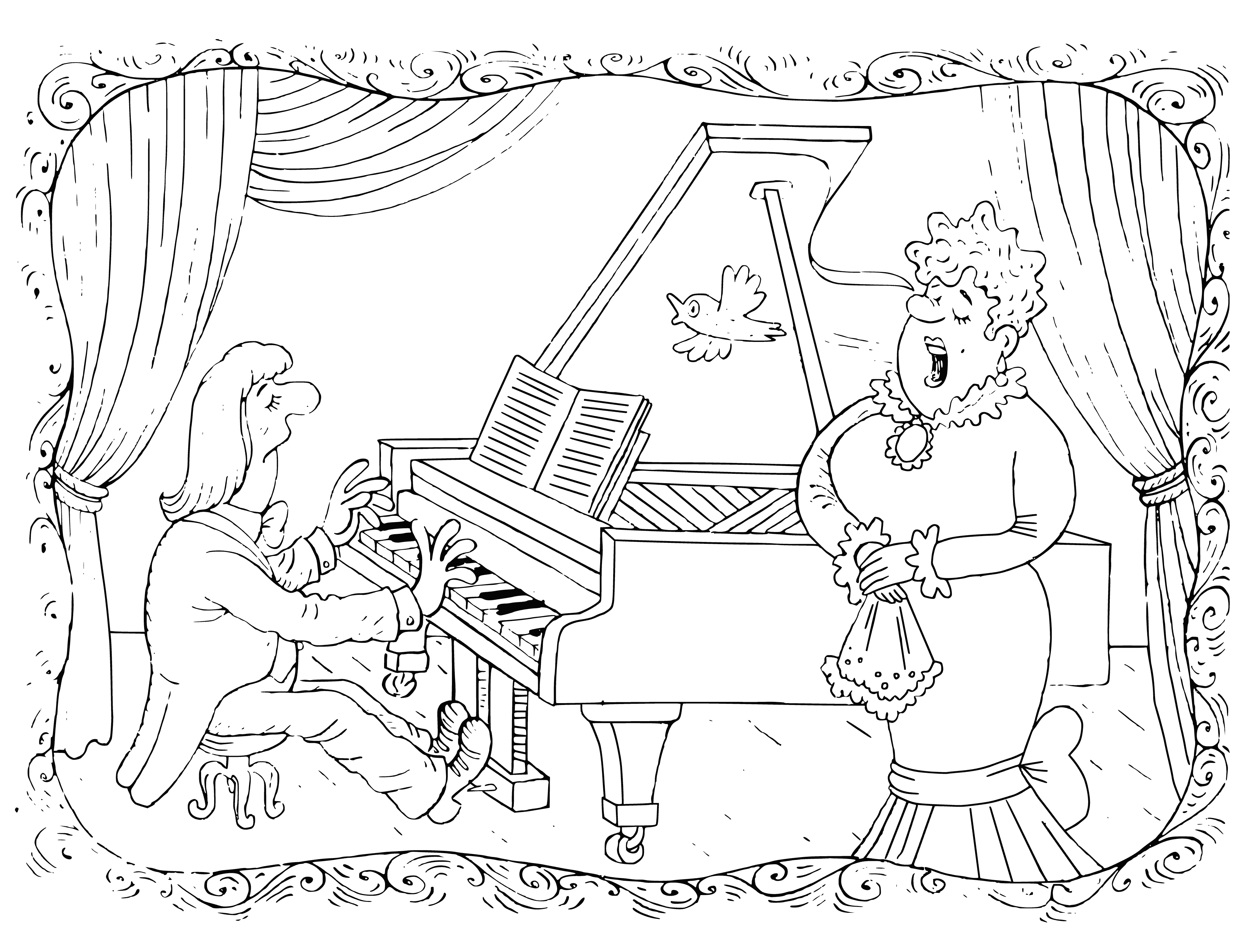 coloring page: A woman in a long dress sings opera, arms outstretched with her head tilted back.