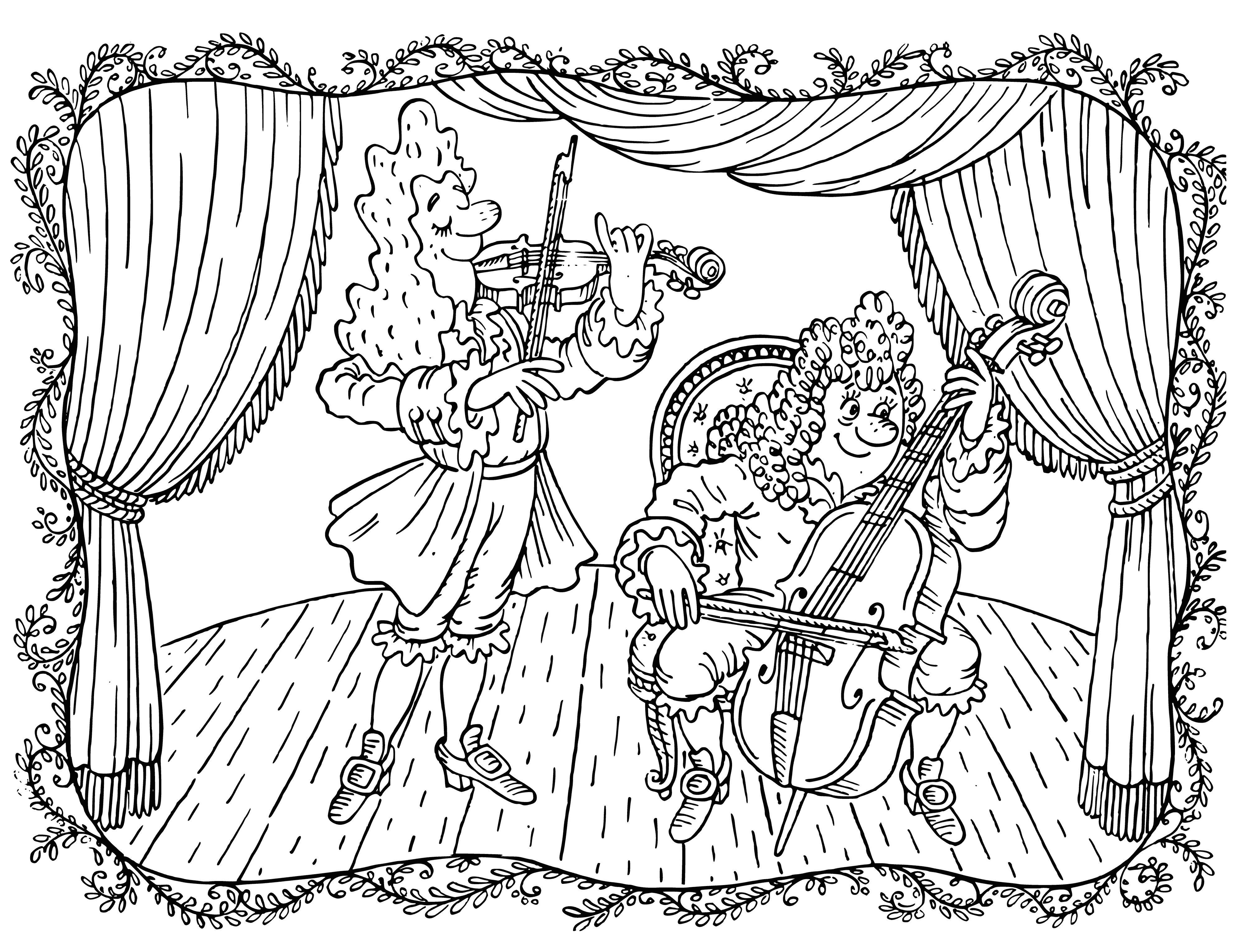 coloring page: String ensemble plays lively concert in black suits & ties in spotlit curtain-works their magic on violins, cellos, & double bass.