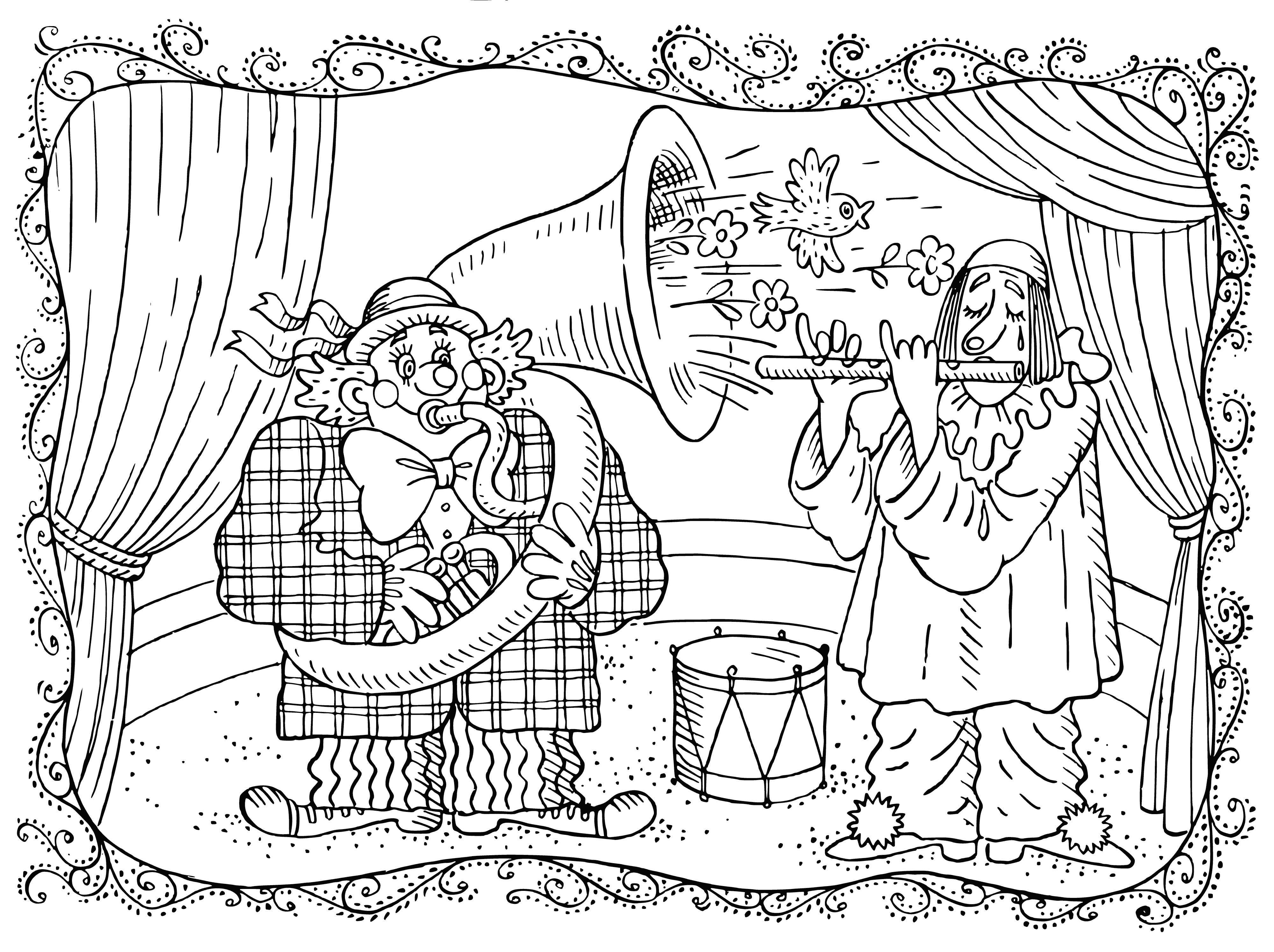 coloring page: Two musicians playing instruments in black clothes: a tuba and a flute. Coloring page for fun.