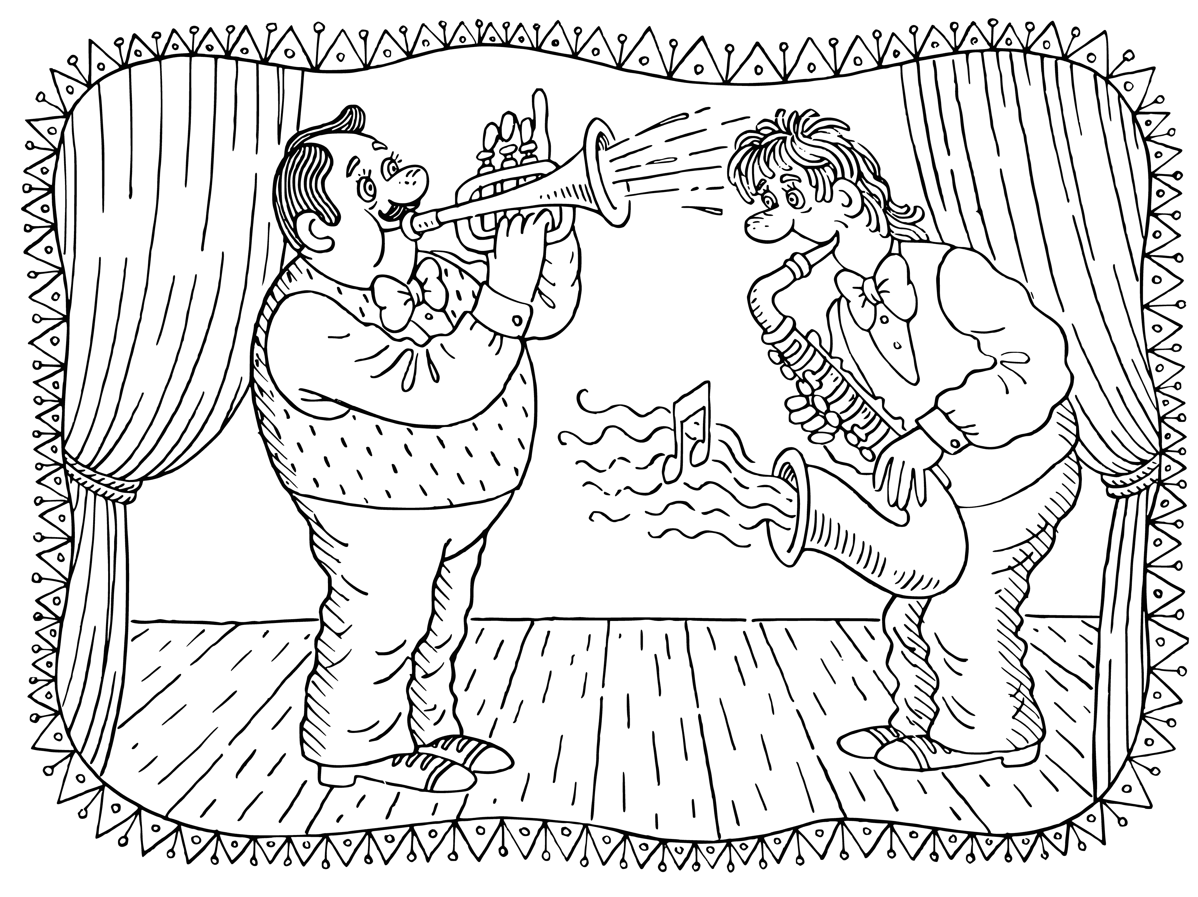 coloring page: Saxophone player in a black suit & white shirt plays jazz. Audience claps & cheers.