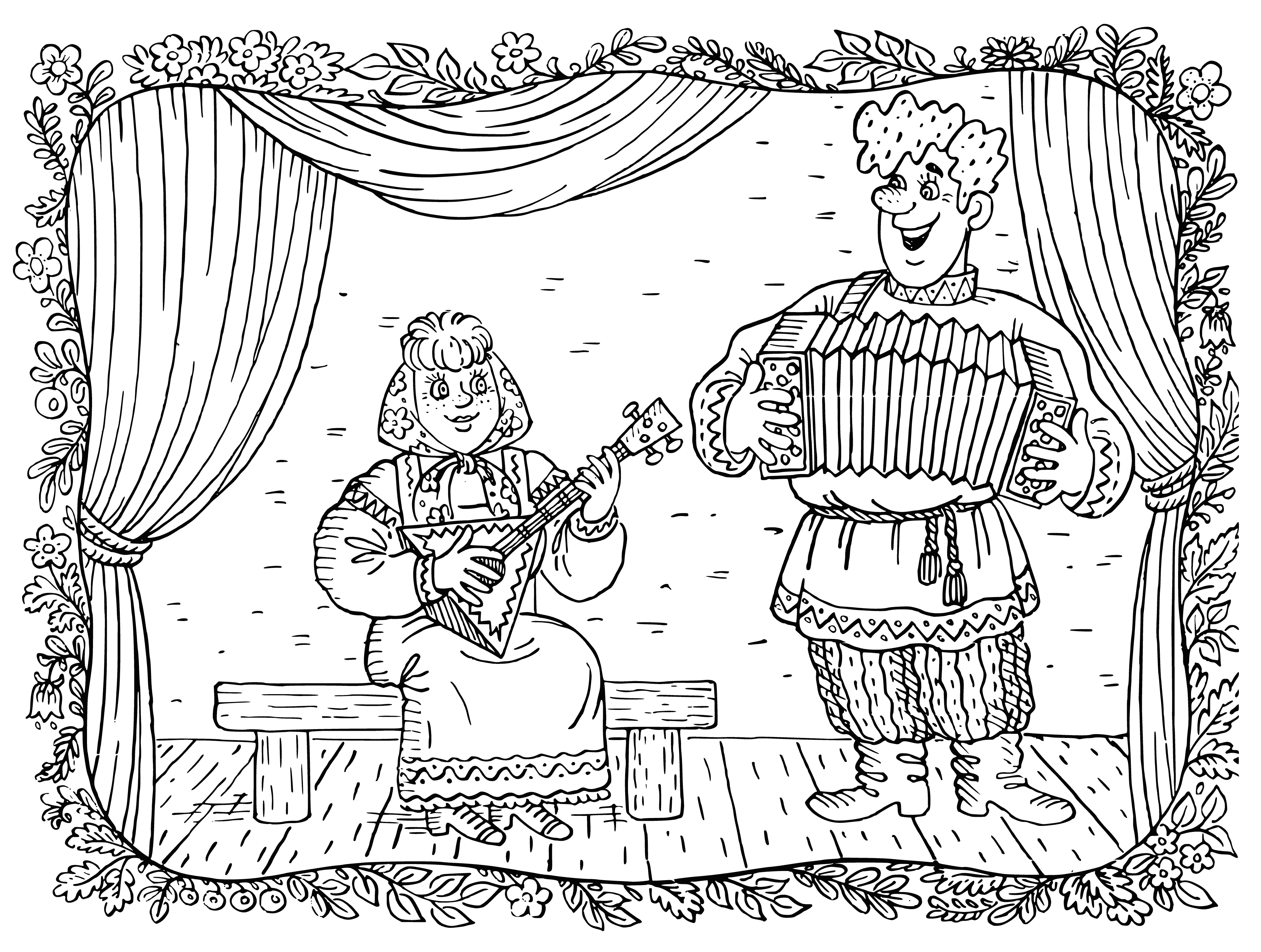 coloring page: Group of folk musicians playing concert on stage, wearing traditional folk clothing - man playing flute, woman violin, man bass, woman drums. #folkmusic