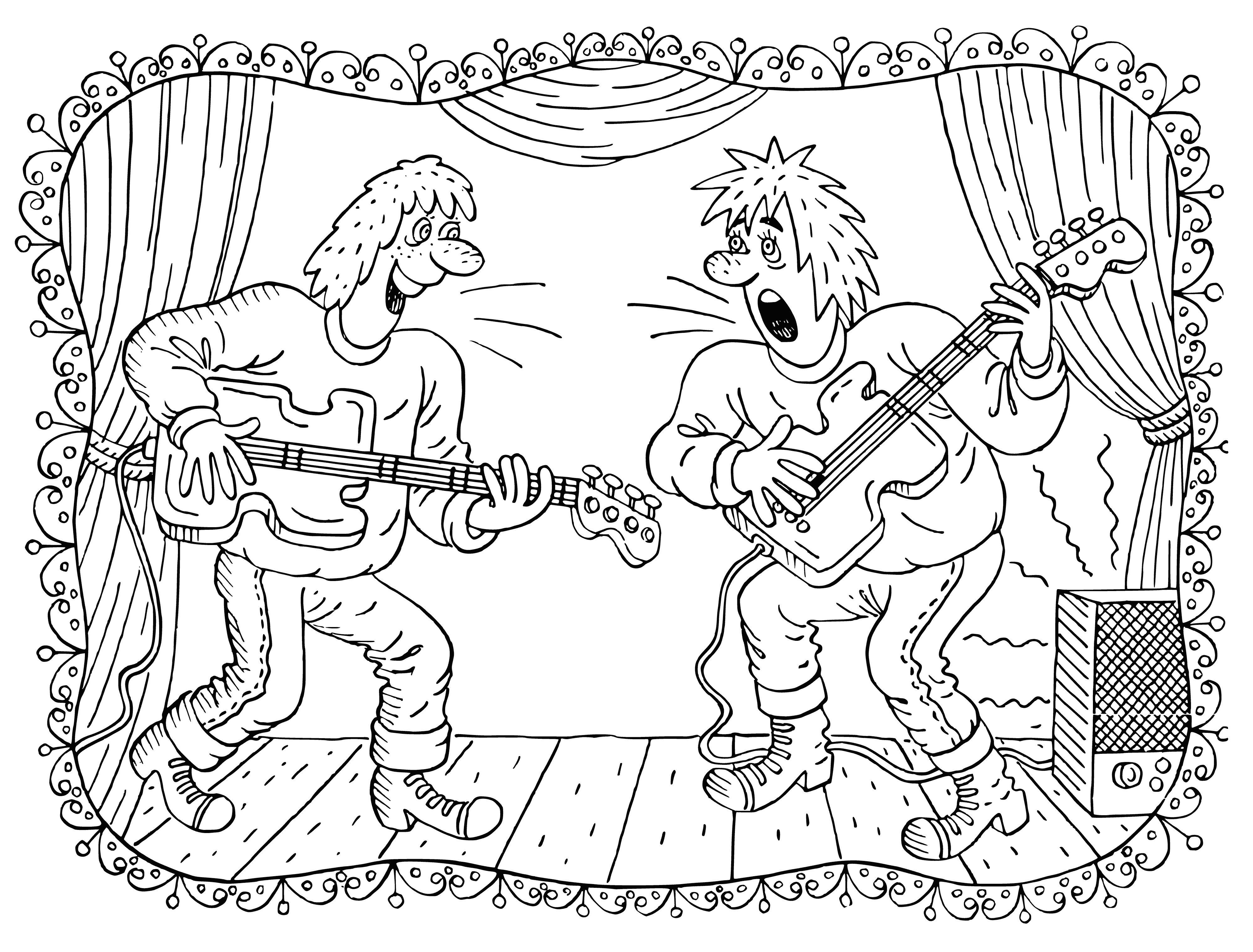 coloring page: Trio of guitarists strumming away in jeans & black shirts; middle has acoustic, left has electric & right has bass.