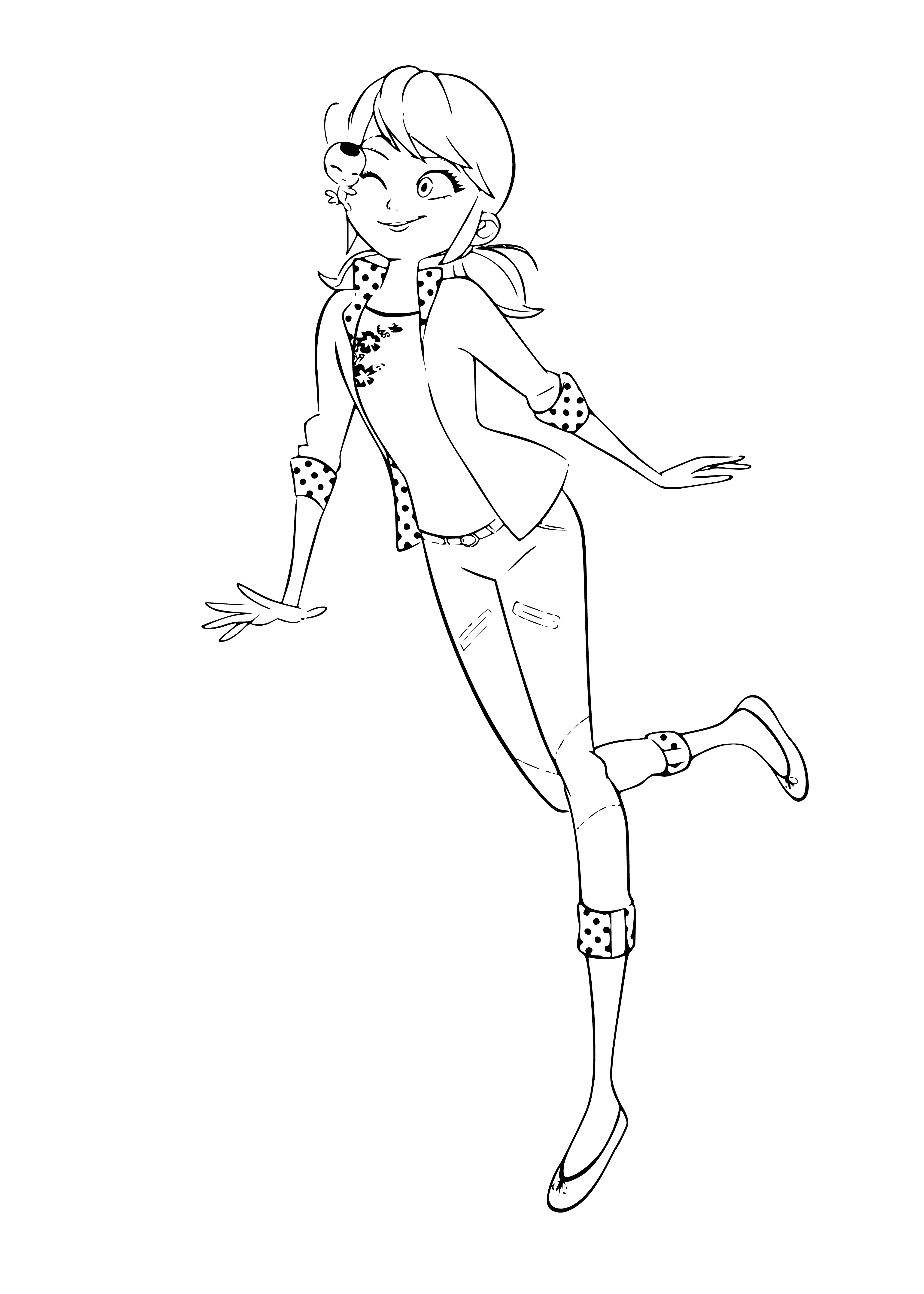 coloring page: Marinette says goodbye to her friends and heads home with Tikki, purse clutched close, smiling all the way.