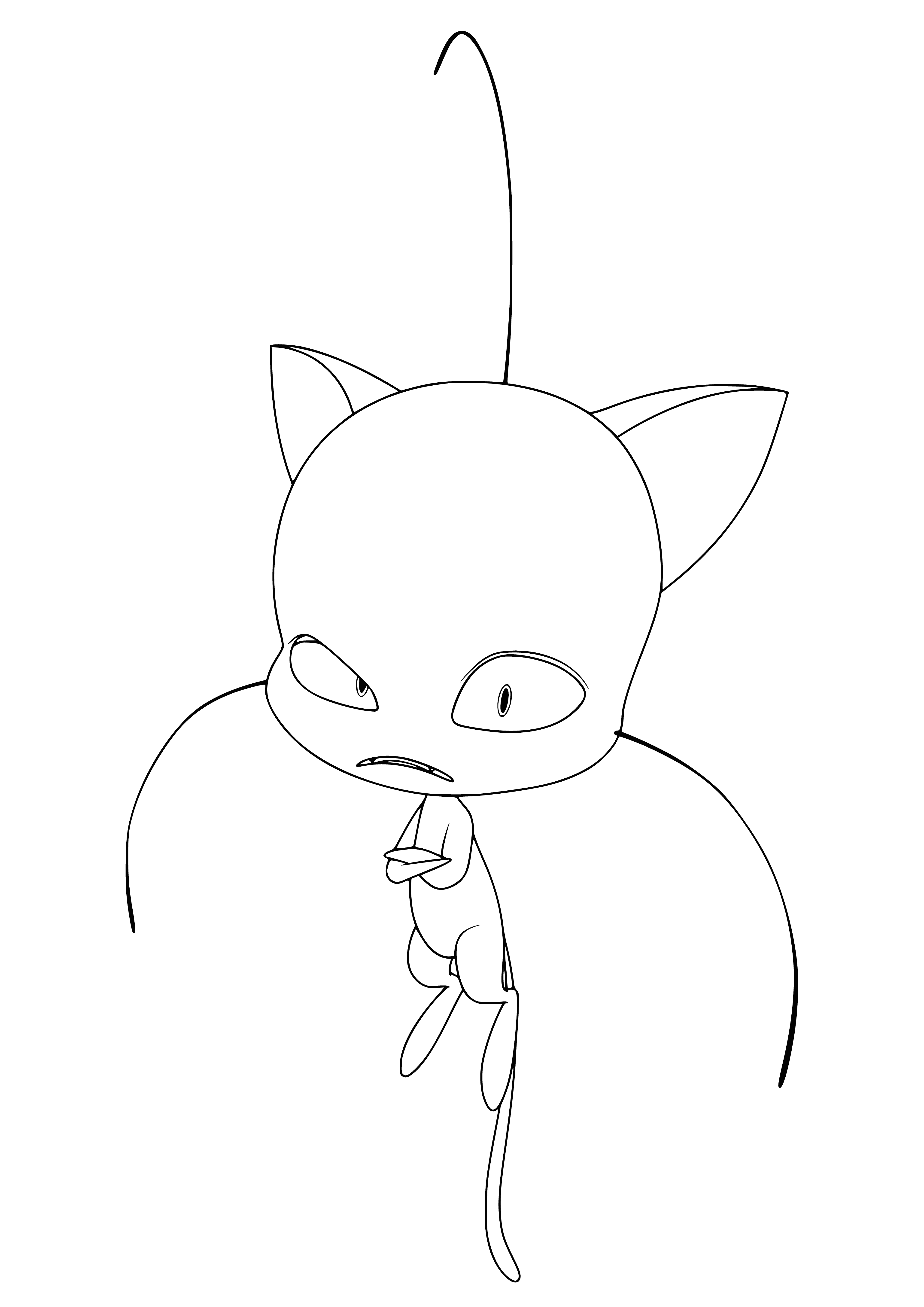 coloring page: Adriana is a Kwami connected to Cat Noir Miraculous; small, black w/ green eyes, long tail & sharp claws.