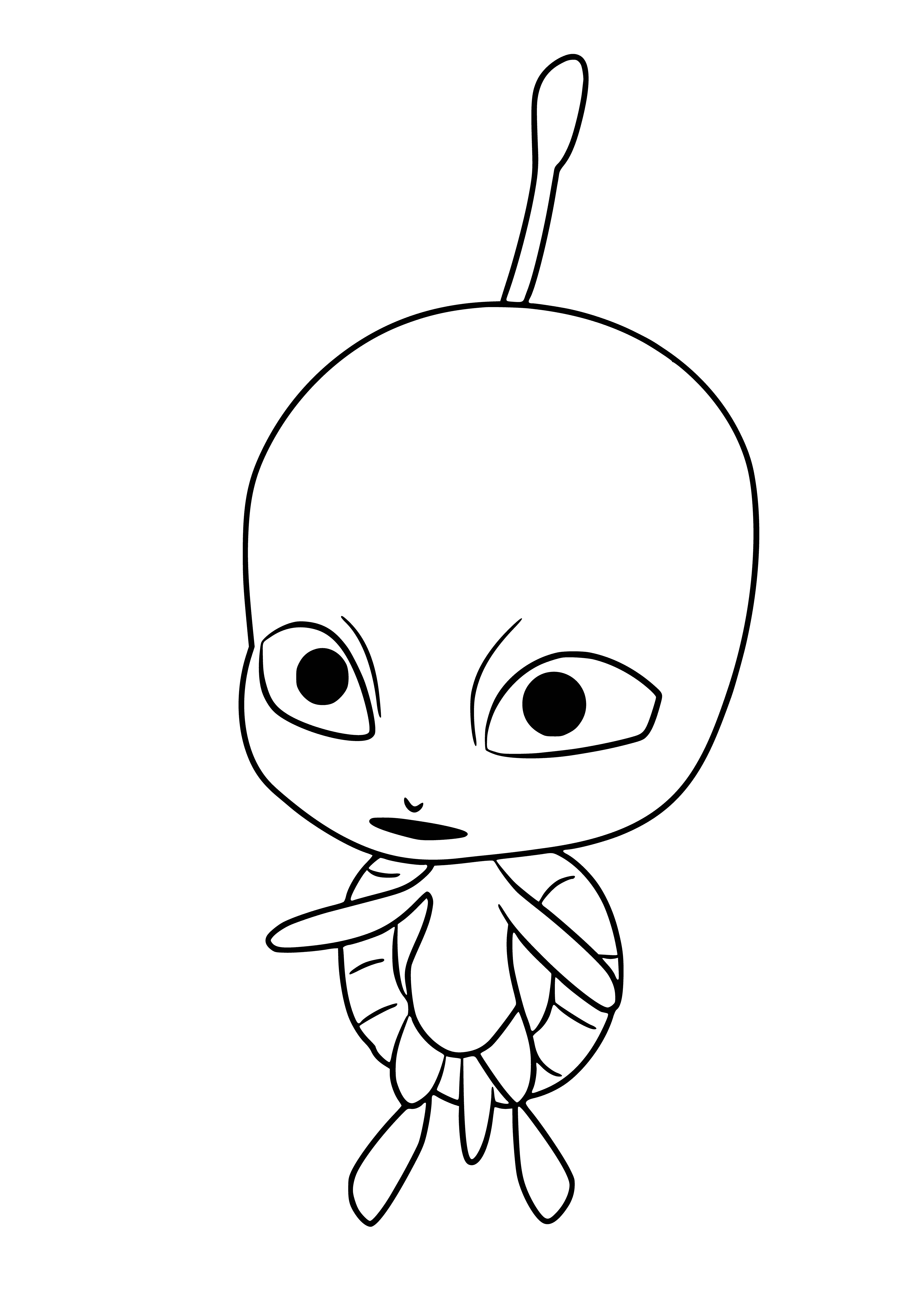 coloring page: A blue turtle kwami with yellow spots stands on a green leaf in a field of flowers.