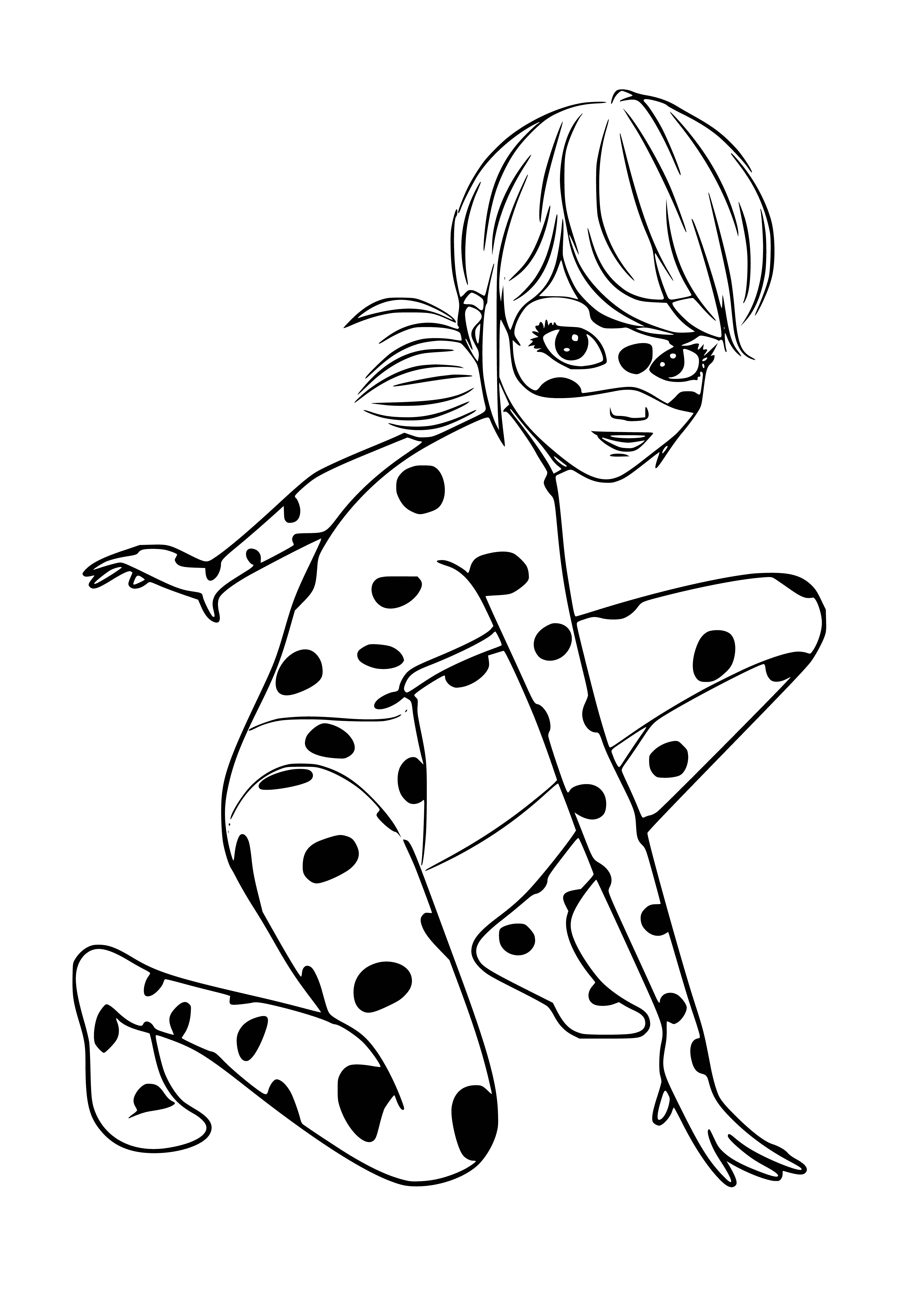 coloring page: Teenage girl in red & black costume w/ black mask, spotted cape, polka dot belt, black gloves w/ red cuffs & black boots w/ red laces. Always smiling.