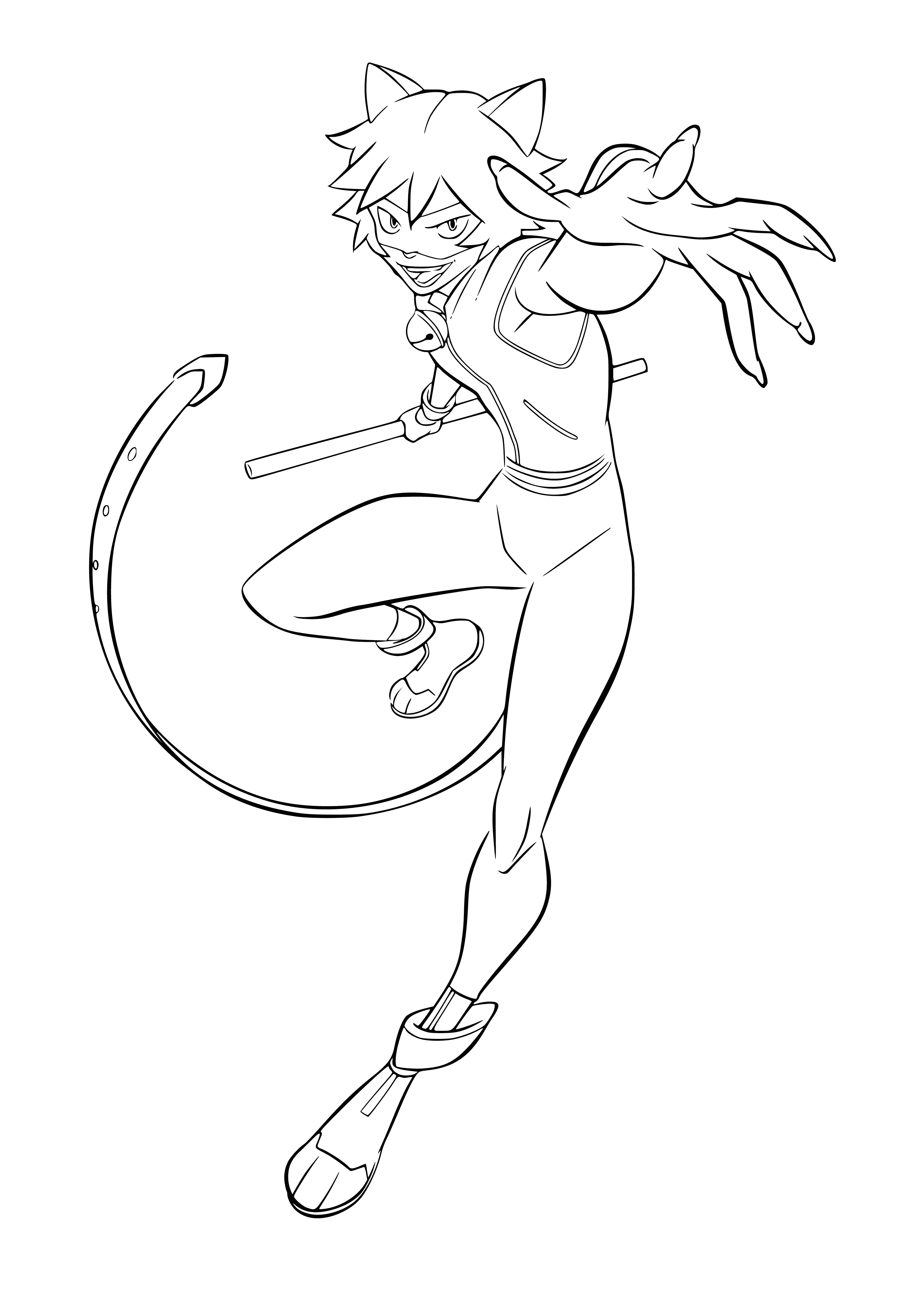 coloring page: Ladybug and Cat Noir battle Hawk Moth and Super Cat, the akuma-inspired villain with big muscles, speed, and strength.