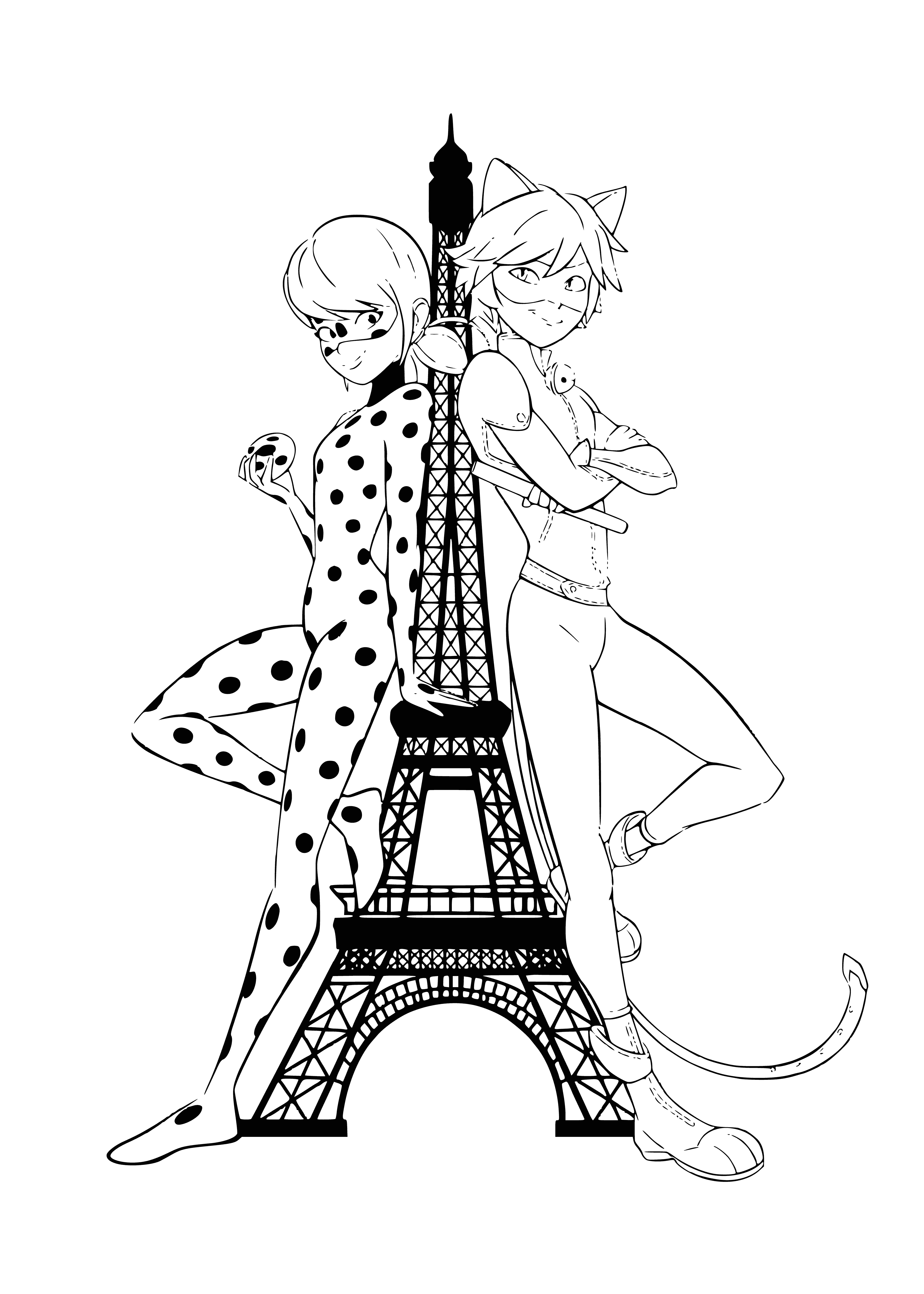 coloring page: Ladybug and Cat Noir have fun together running and leaping around the rooftops in their superhero outfits with huge smiles on their faces.