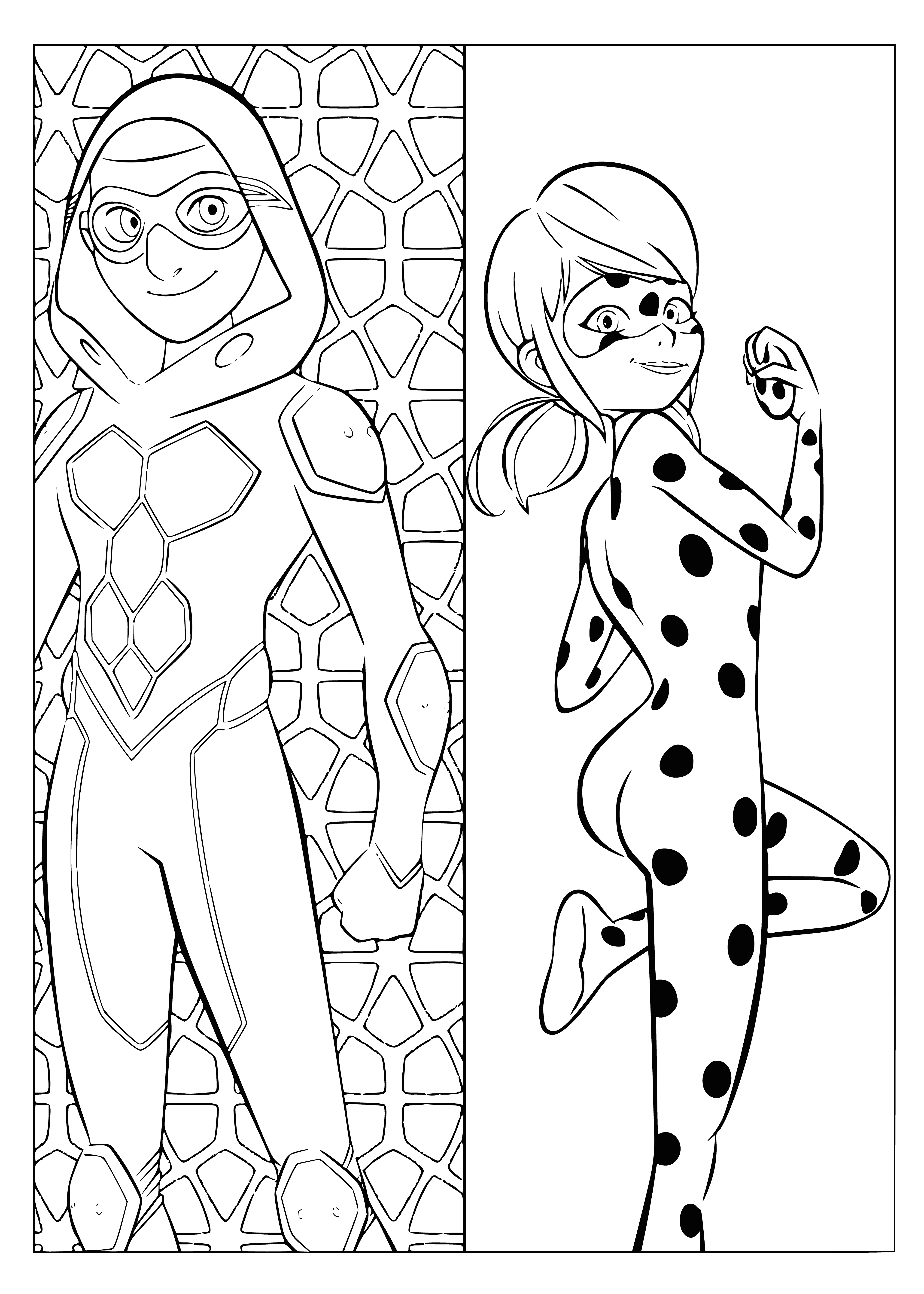 coloring page: Two costumed people, him wearing a black & red suit & mask, her with a red dress & black spots, positive & together, she holding a bag.