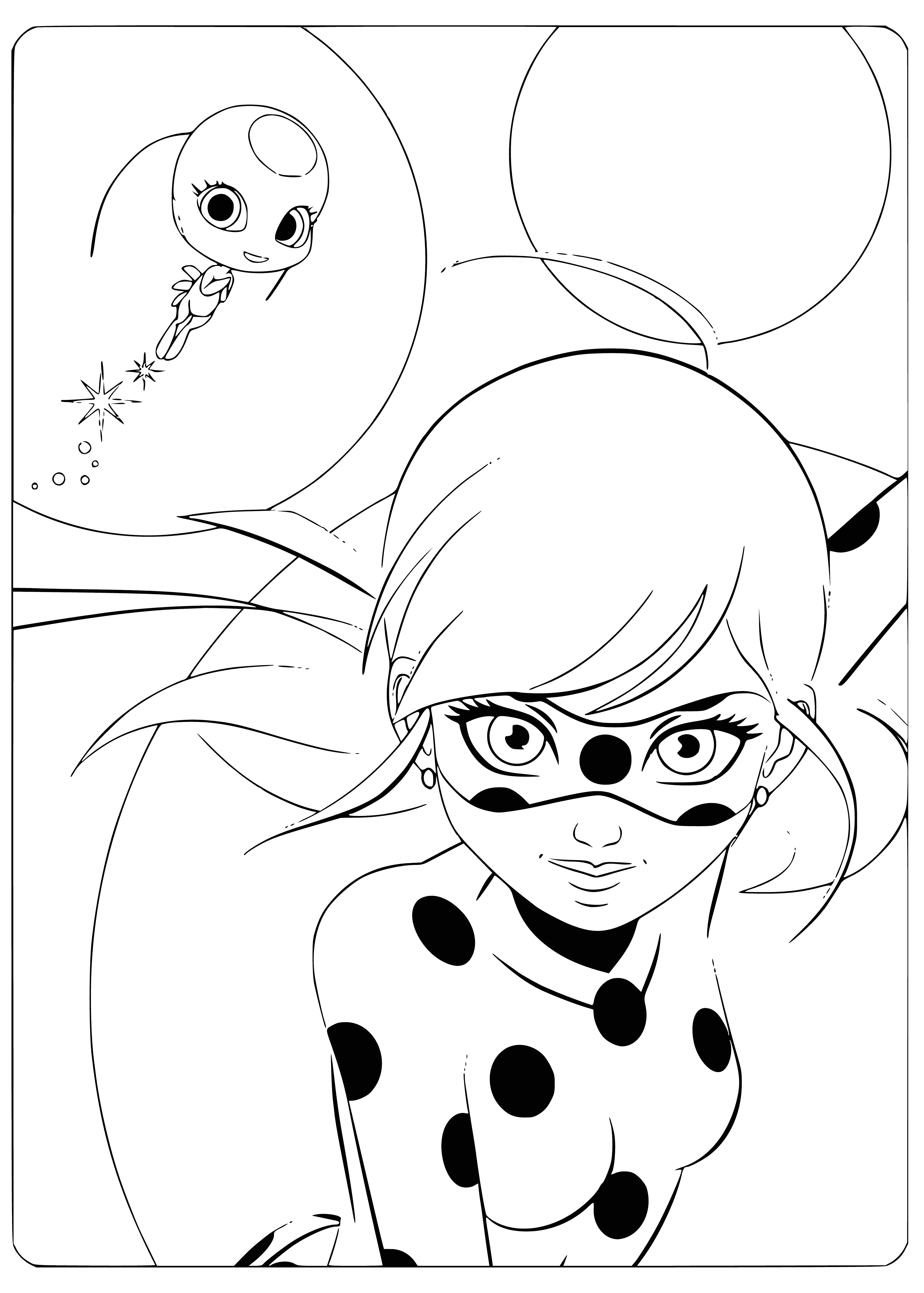 coloring page: Ladybug and Tikki stand on a rooftop, smiles ablaze, ready to take on adventure in their red and black costumes. #MiraculousLadybug