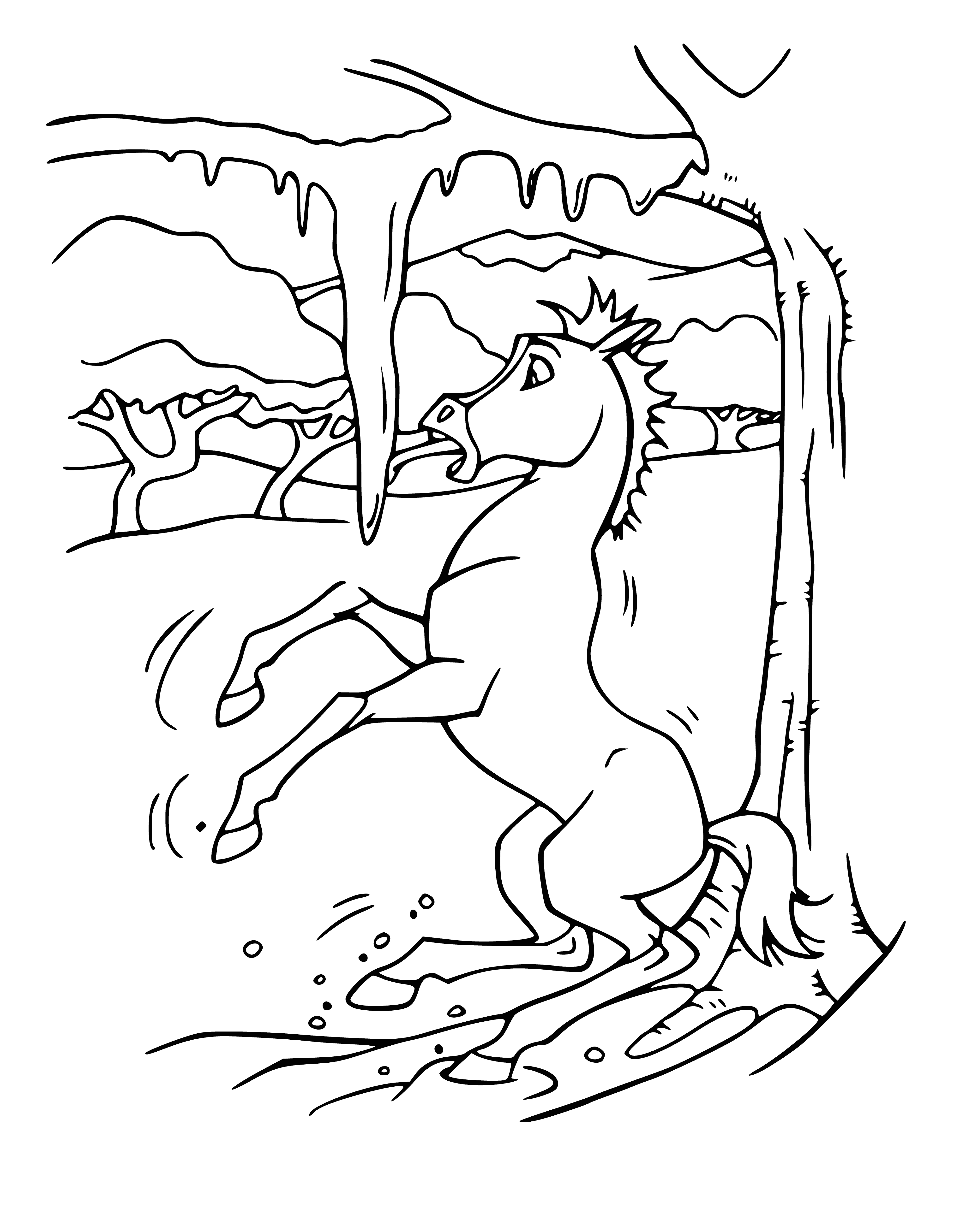 coloring page: Spirit stands in a field on his first winter, surrounded by trees, his coat shining in the sunlight while snow gently falls. He looks up at the sky.