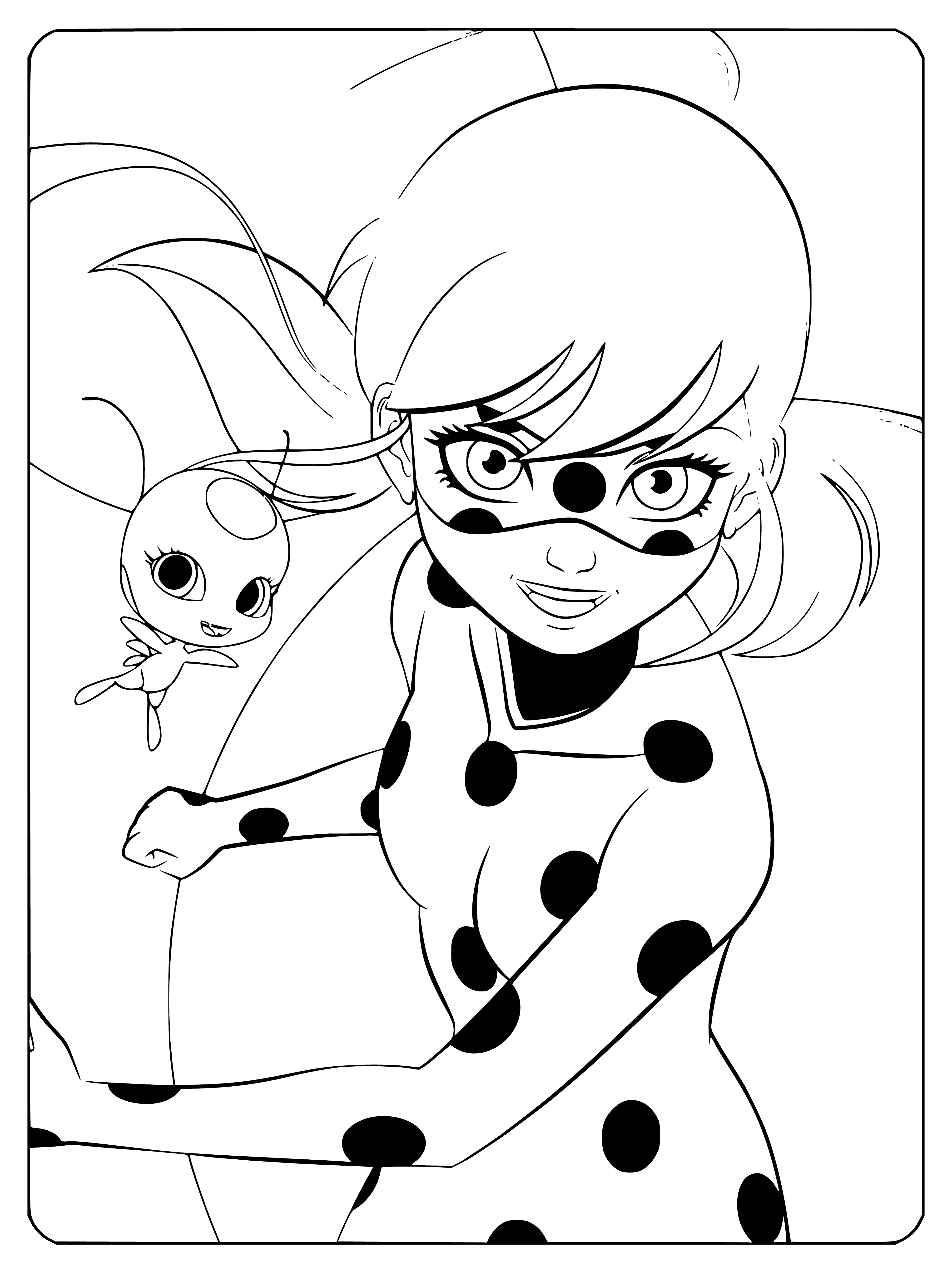 coloring page: Girl in red and black with creature on right. It holds staff with a red gem.