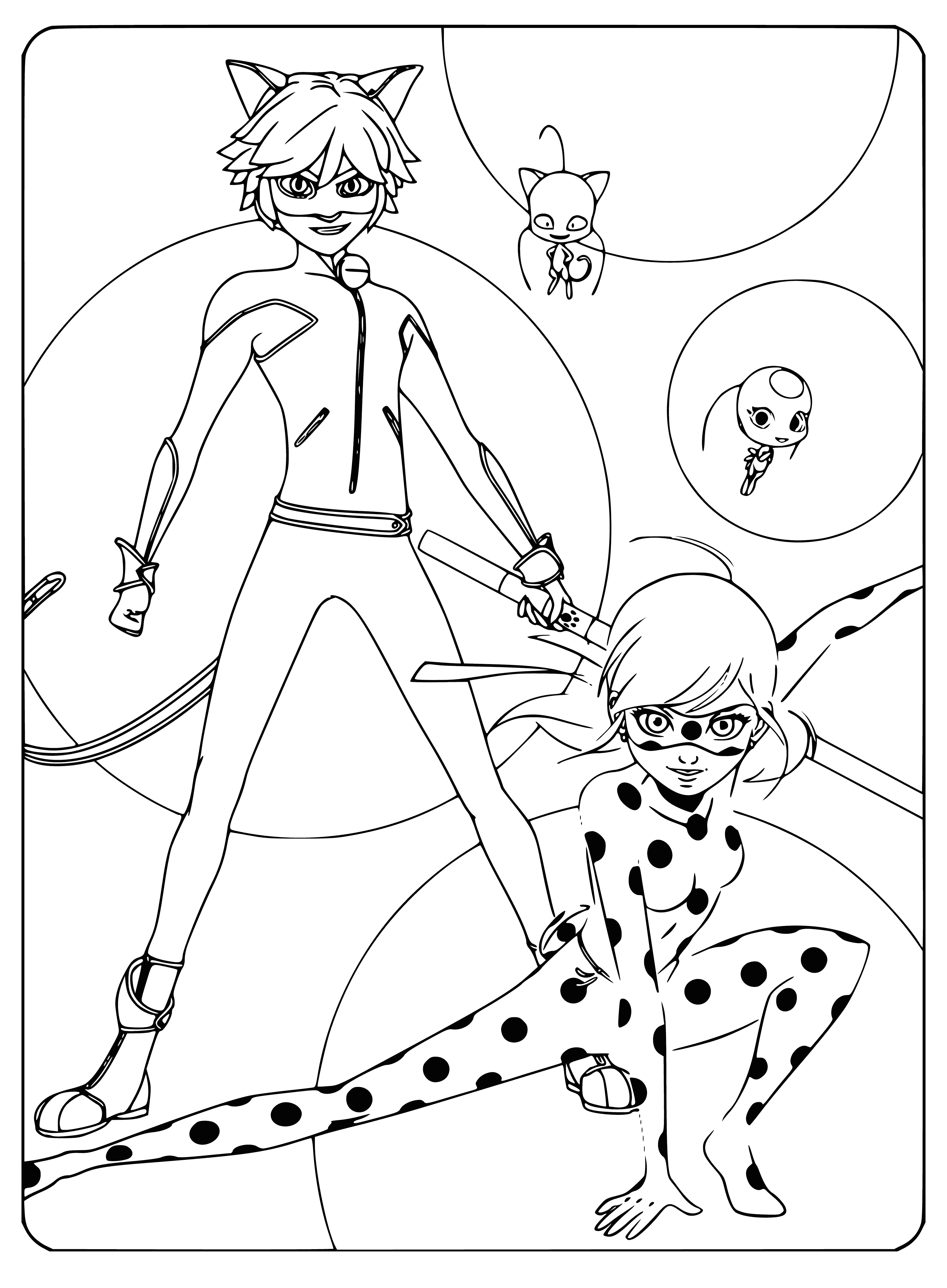 coloring page: Super Cat, Lady Bug, and Tikki are fighting crime and using their powers to make their city safe. #CrimeFightingHeroes