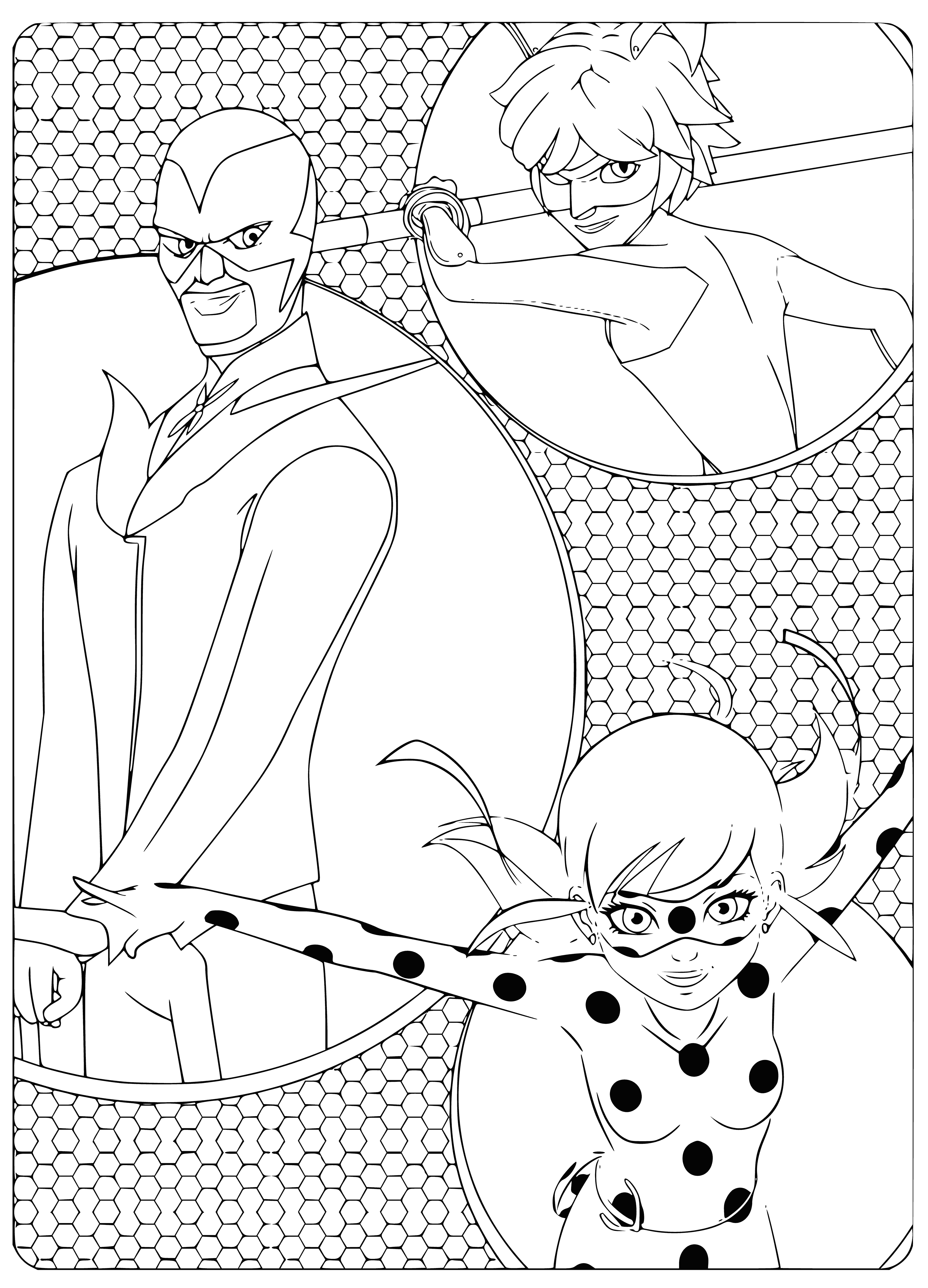 coloring page: Hawk Moth is a villain with lepidoptera-themed powers. Ladybug & Supercat battle him, with Ladybug having luck manipulation and Supercat possessing cat-like abilities.