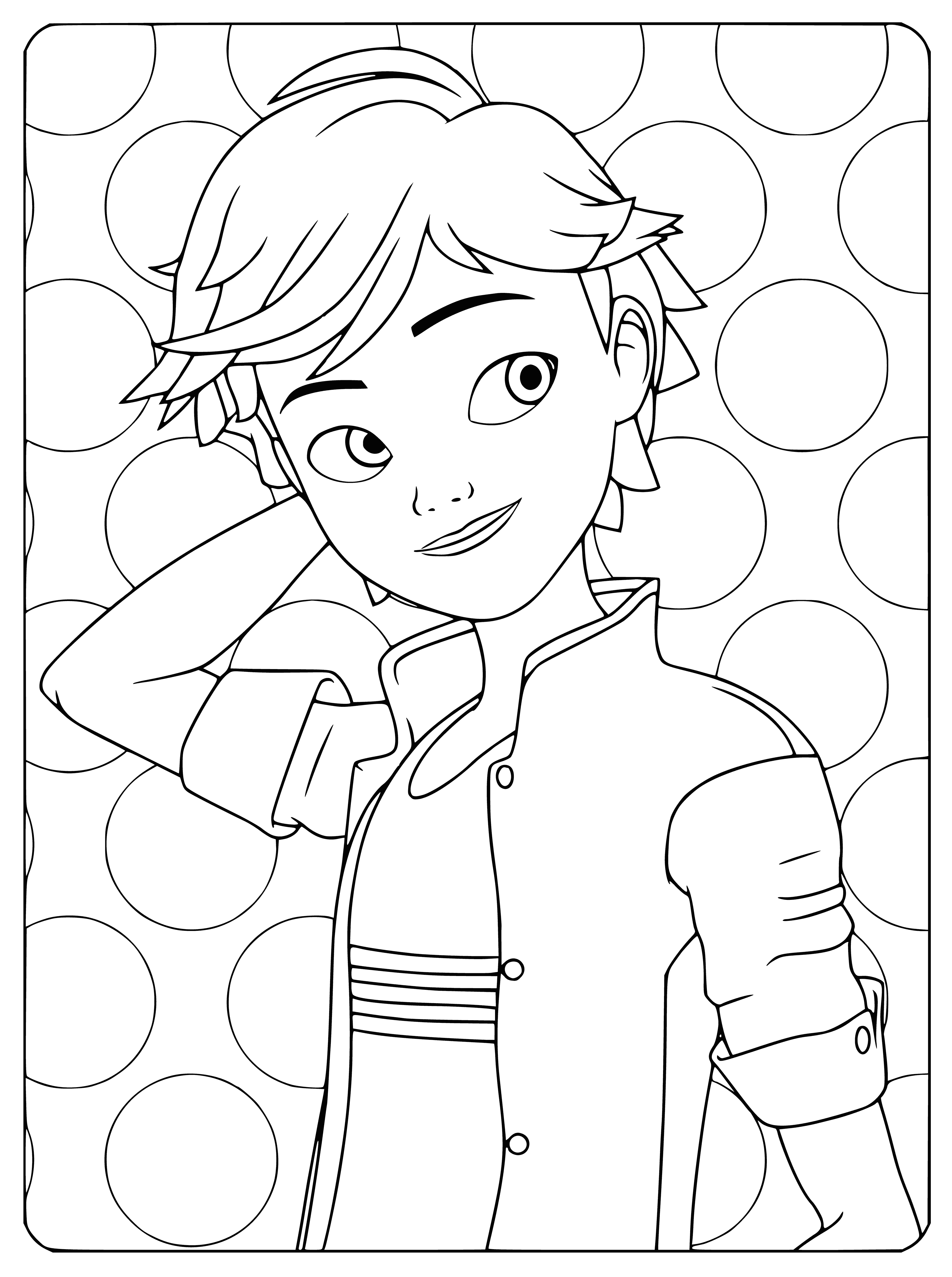 coloring page: Boy w/ short black hair,brown eyes wearing red sweater, black pants & mask w/red spots. Standing in front of a building.