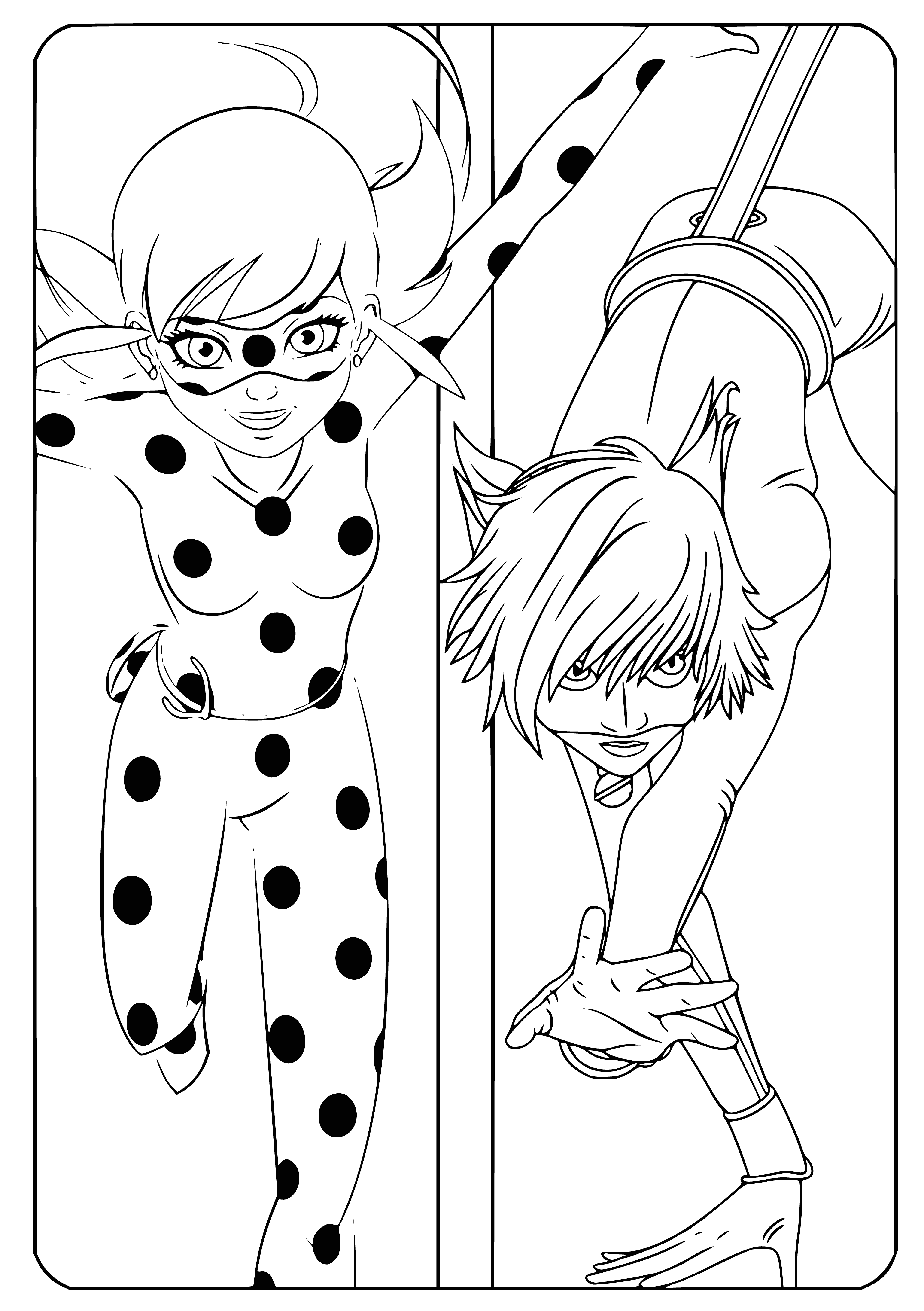 coloring page: Big red ladybug, small black cat with white spots, on yellow flower—both have black eyes.