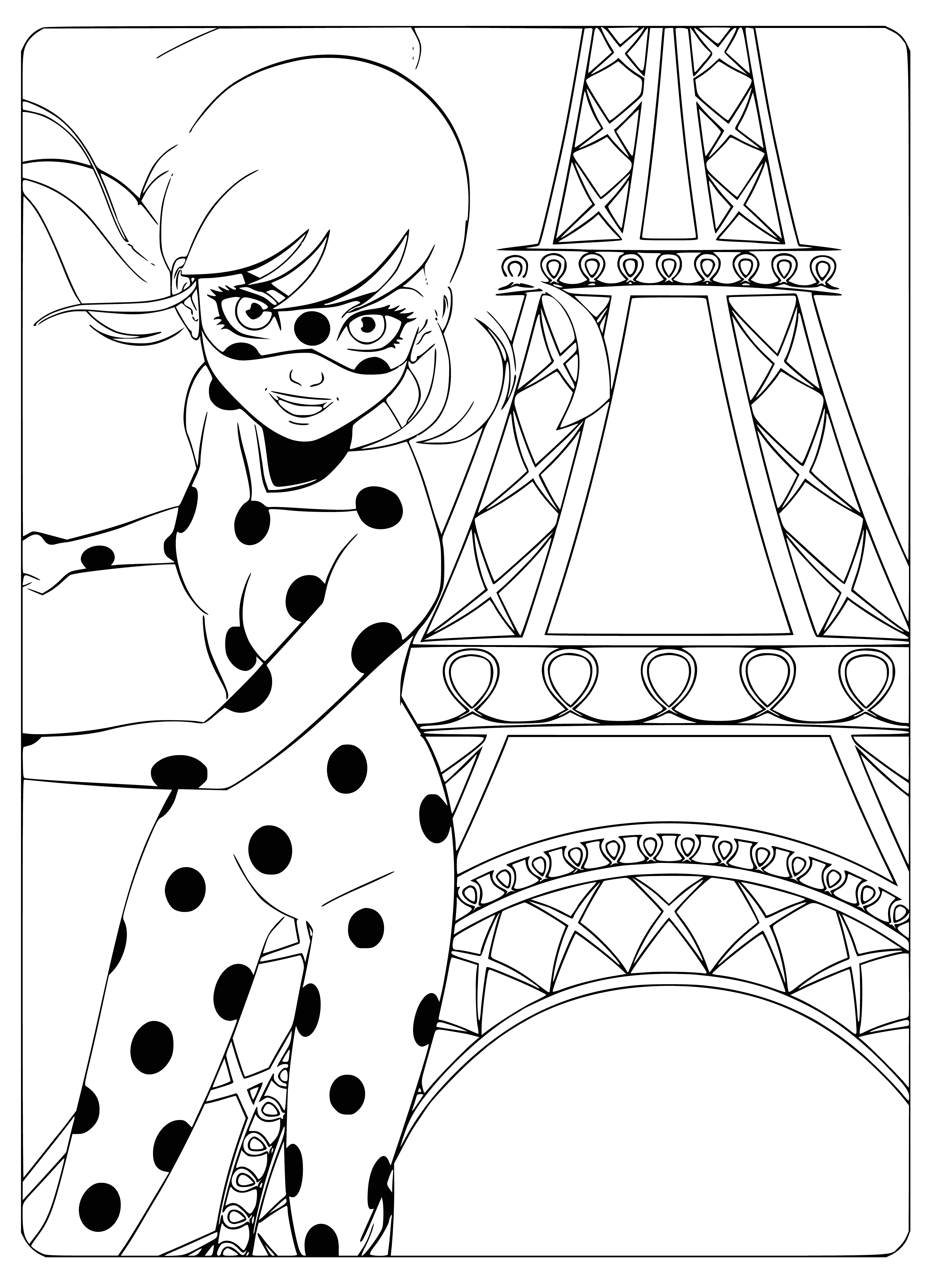 coloring page: Ladybug takes in the sights of Paris while standing atop a building, Eiffel Tower visible in the peaceful, blue sky.