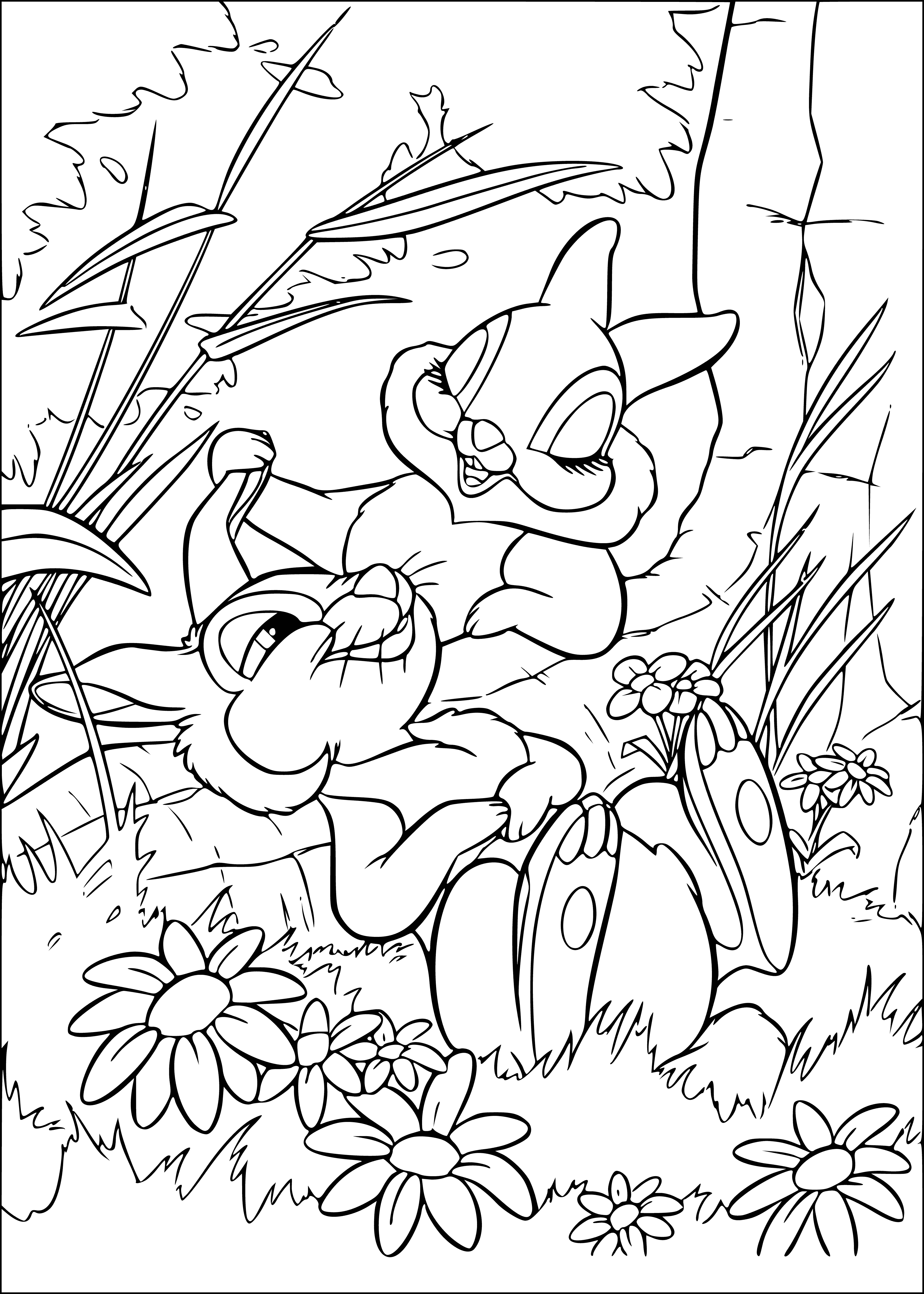 coloring page: Two animals look postured for adventure: a hare ready to run, a Bambi curious to pursue.