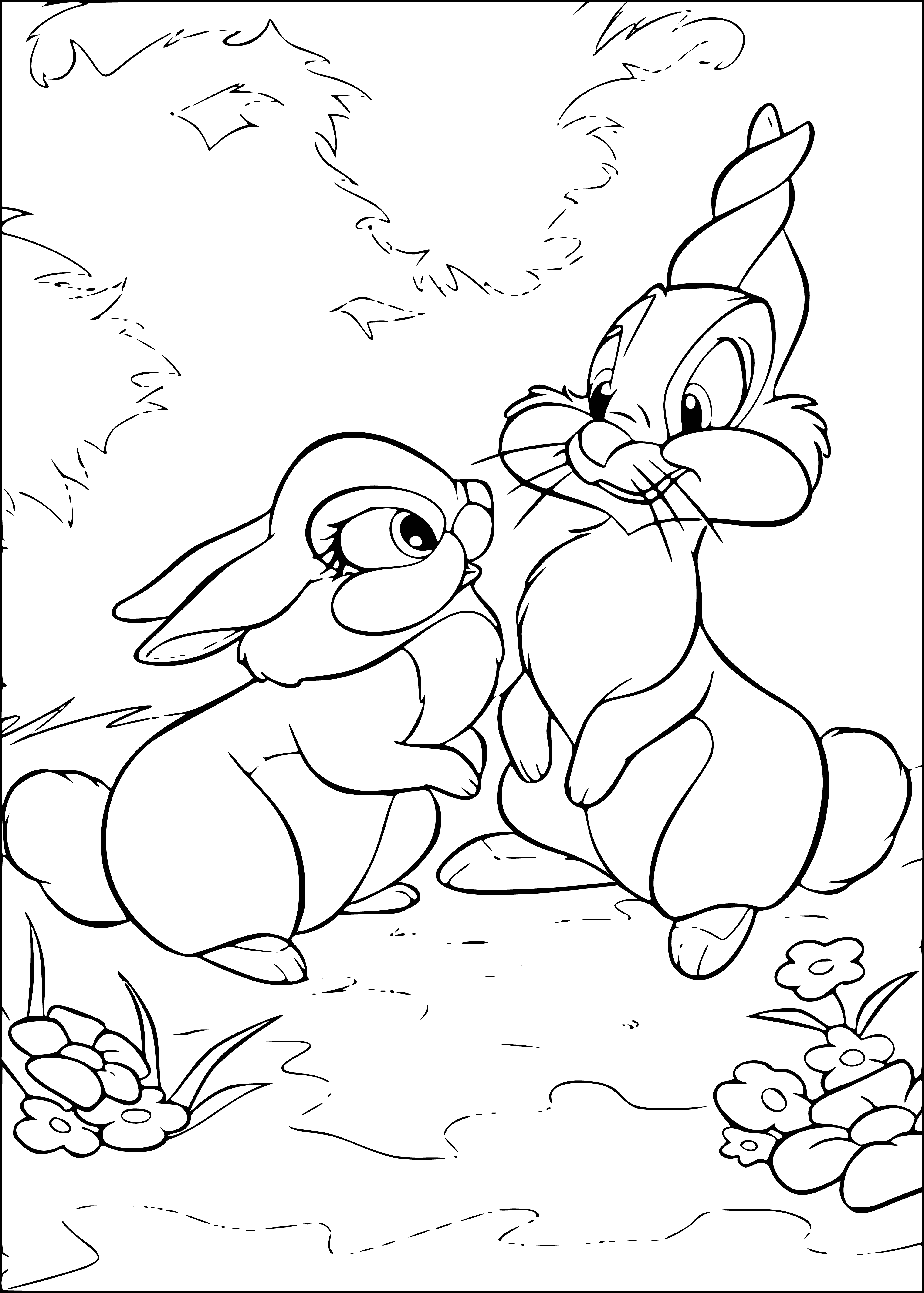 coloring page: Two hares crouching and standing, each with unique characteristics, one light-colored and one dark-colored. Whiskers and ears differ, eyes closed on light-colored hare. #color #hare