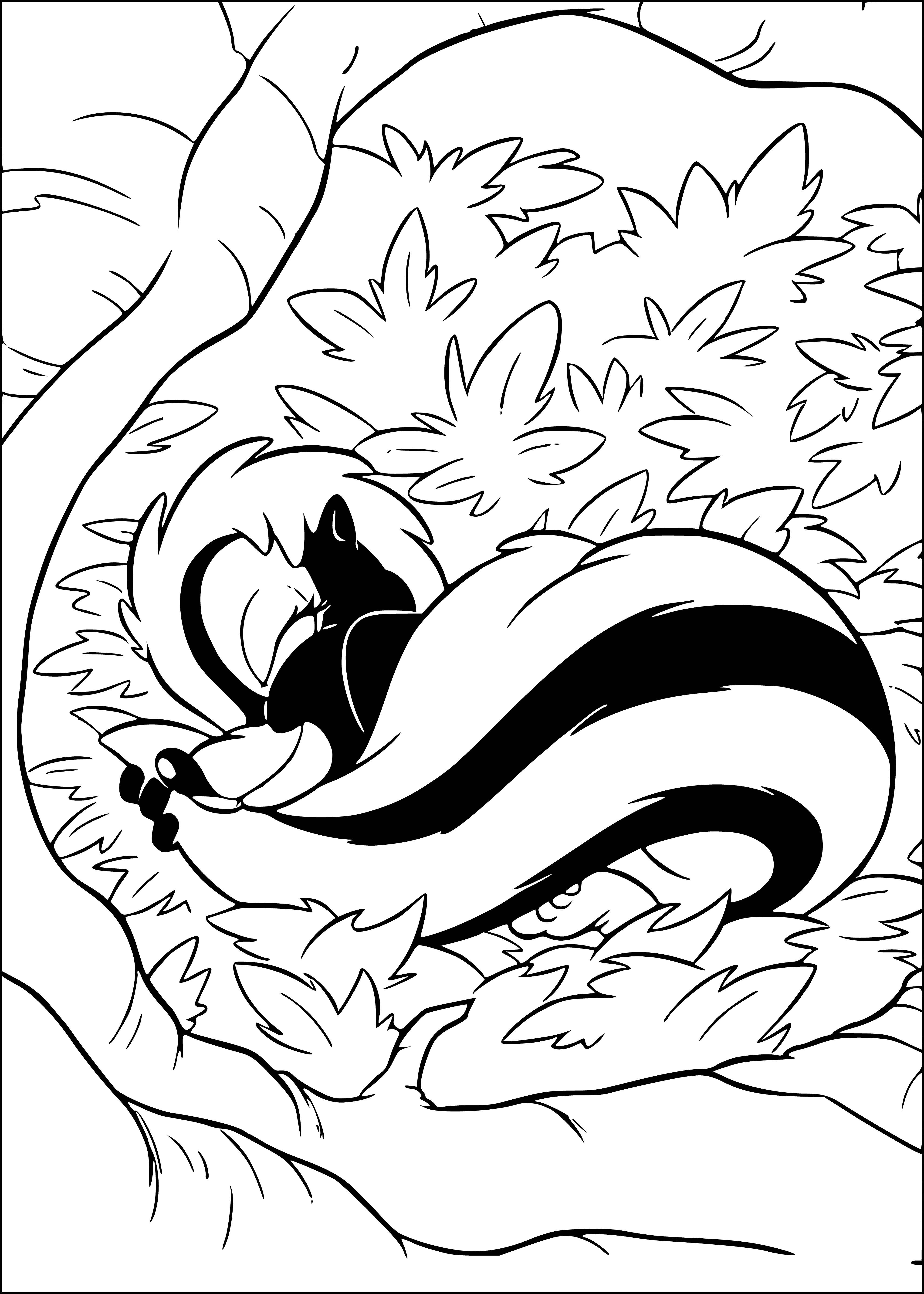 coloring page: Skunk stands on hind legs, gray & white with curled tail, black eyes & nose.