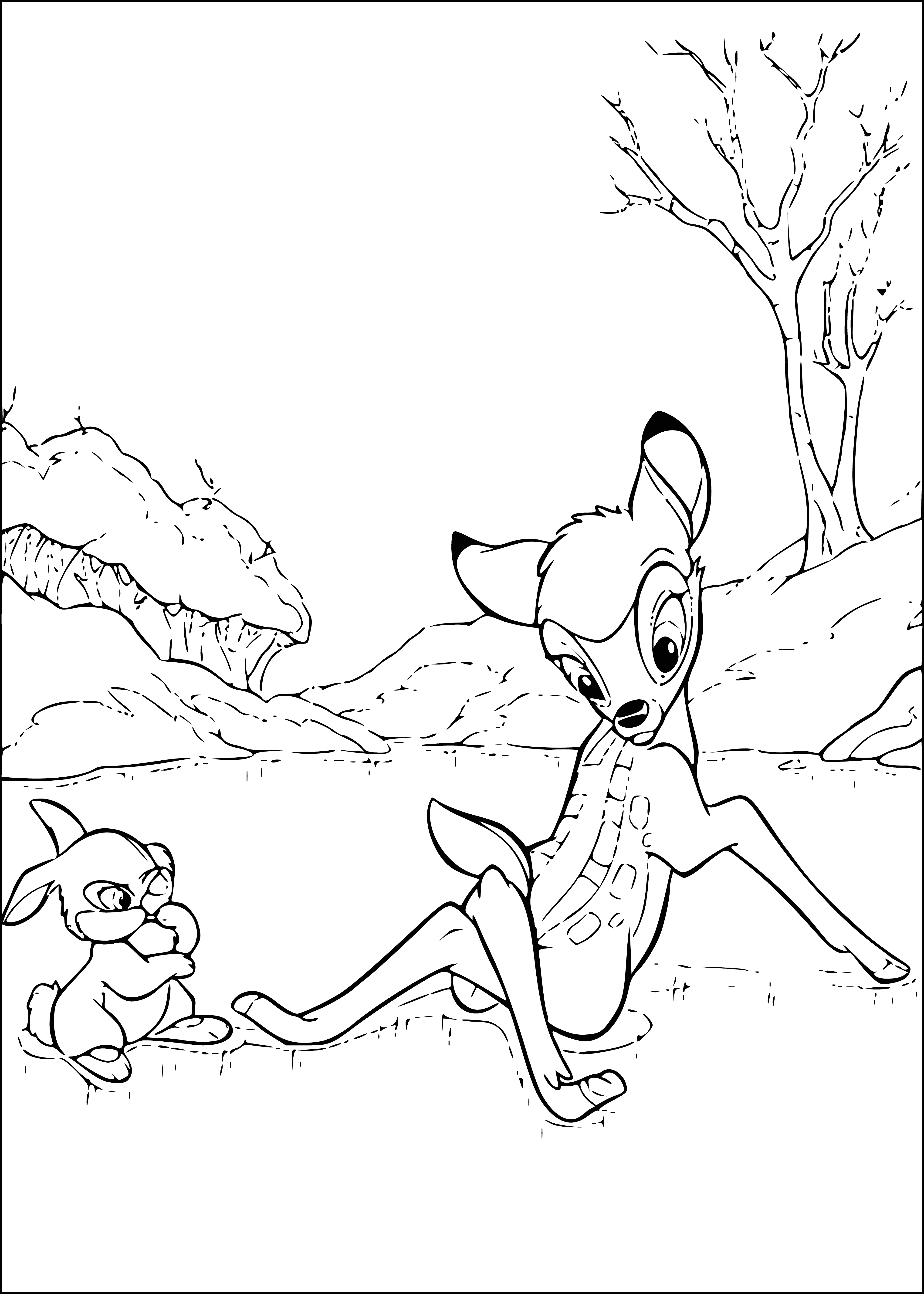 coloring page: Bambi and a hare have fun playing on a frozen lake with sunshine and a blue sky. #WinterWonderland