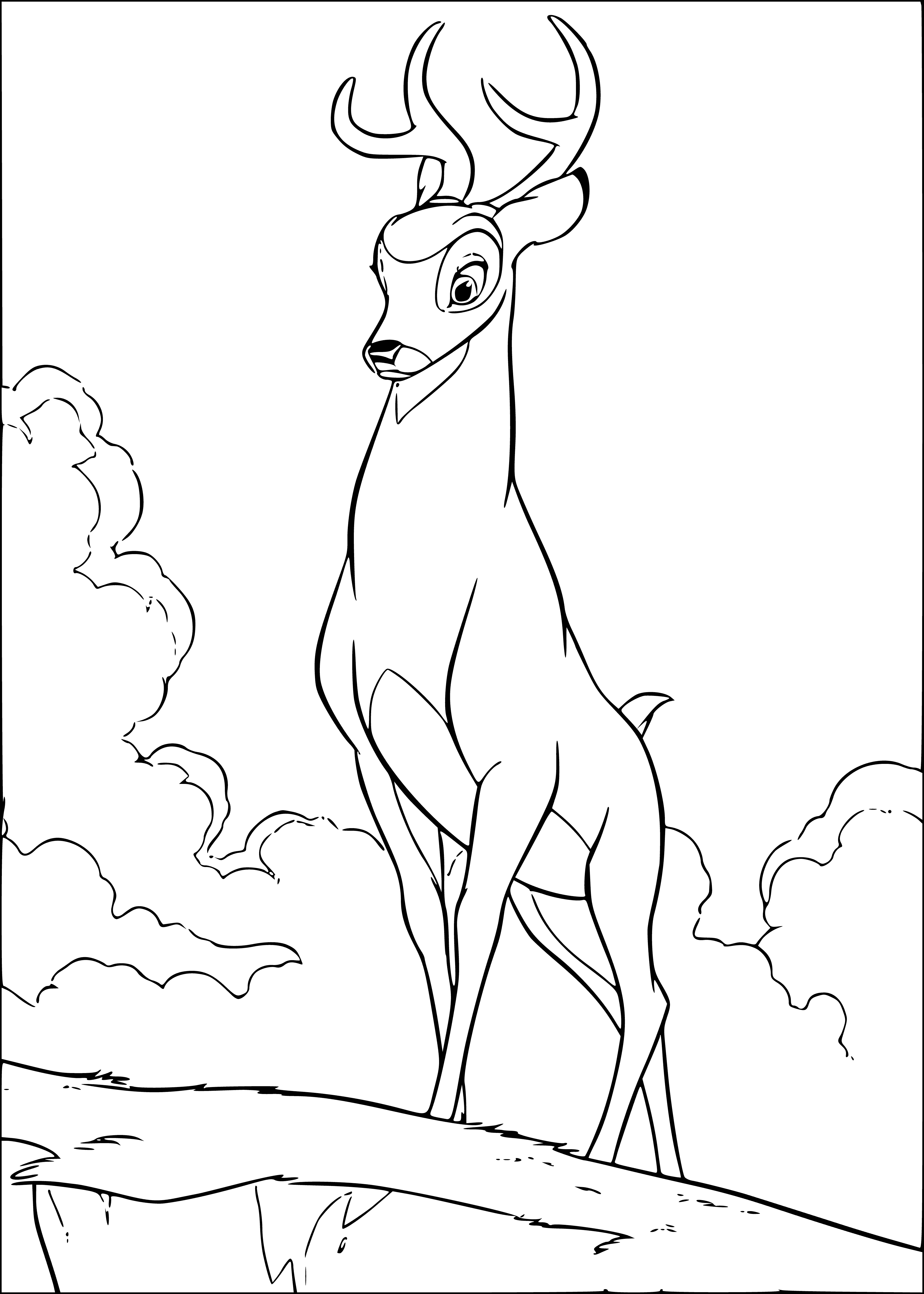 coloring page: Bambi is a small, brown deer with big ears, a white tail, and is standing in the forest looking at something.