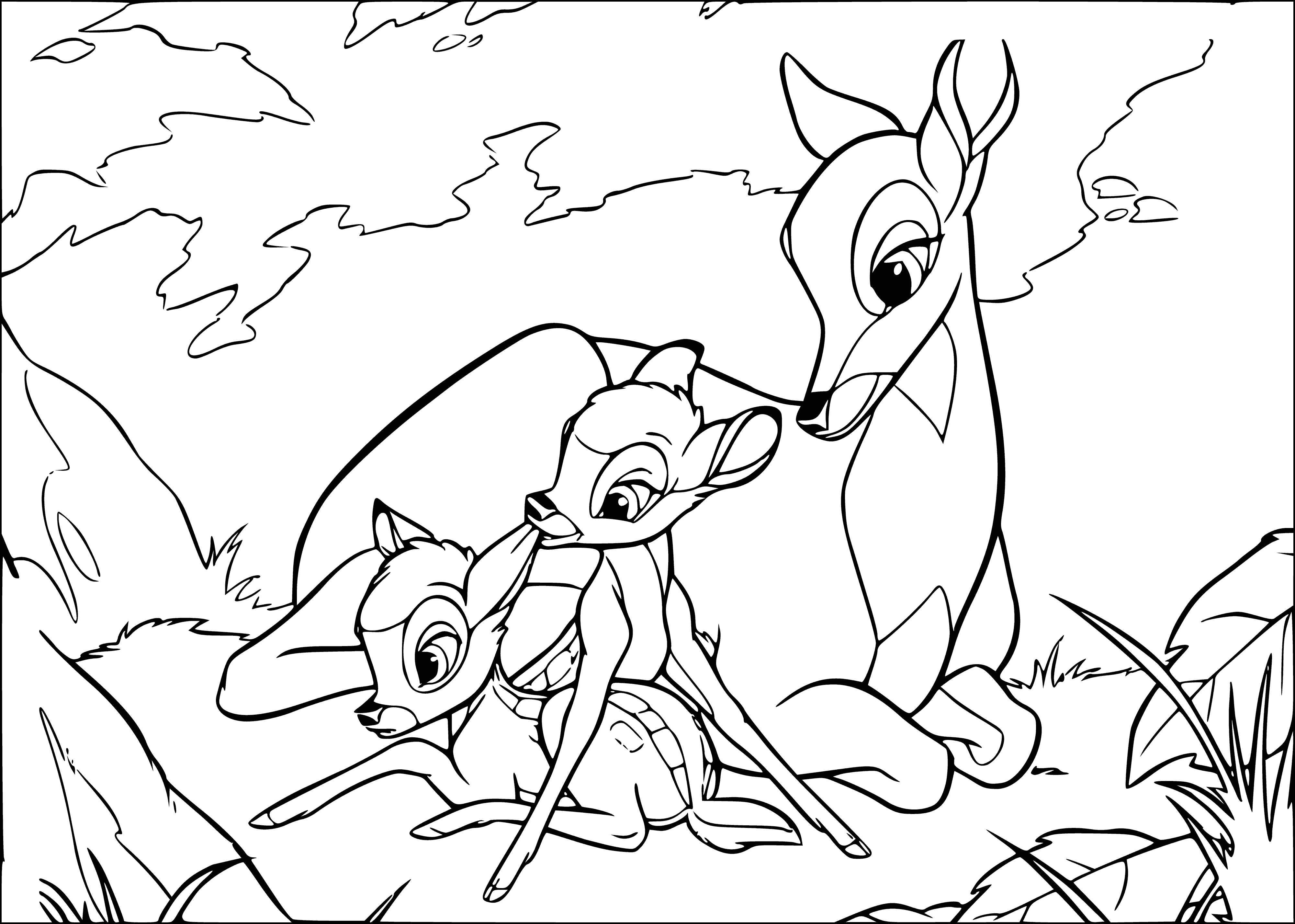 coloring page: Bambi and his mom share a tender moment in a tranquil, peaceful forest at dawn/dusk, surrounded by rustling leaves.