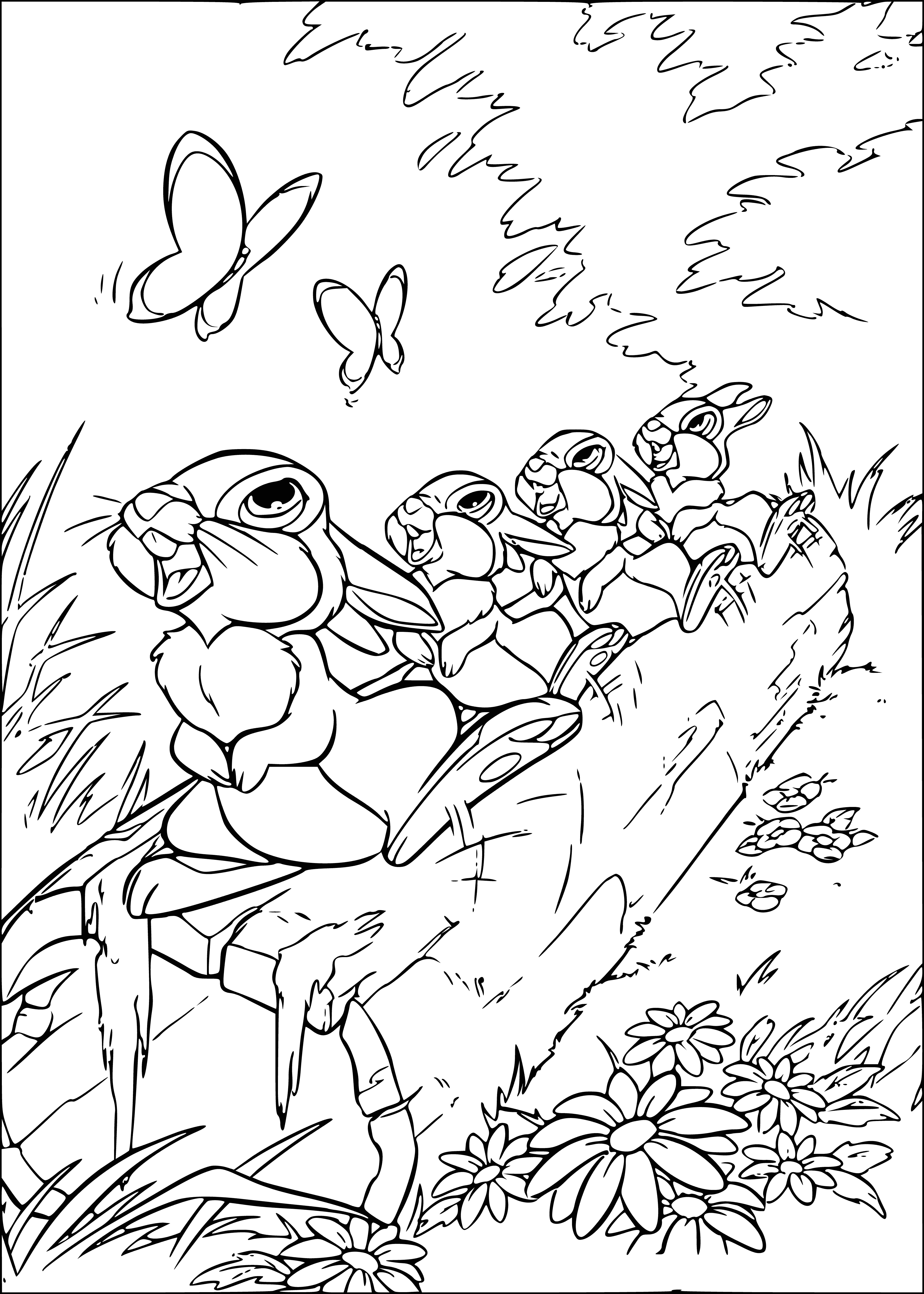 coloring page: Bambi's enthralled watching happy hares drumming, their excitement contagious.